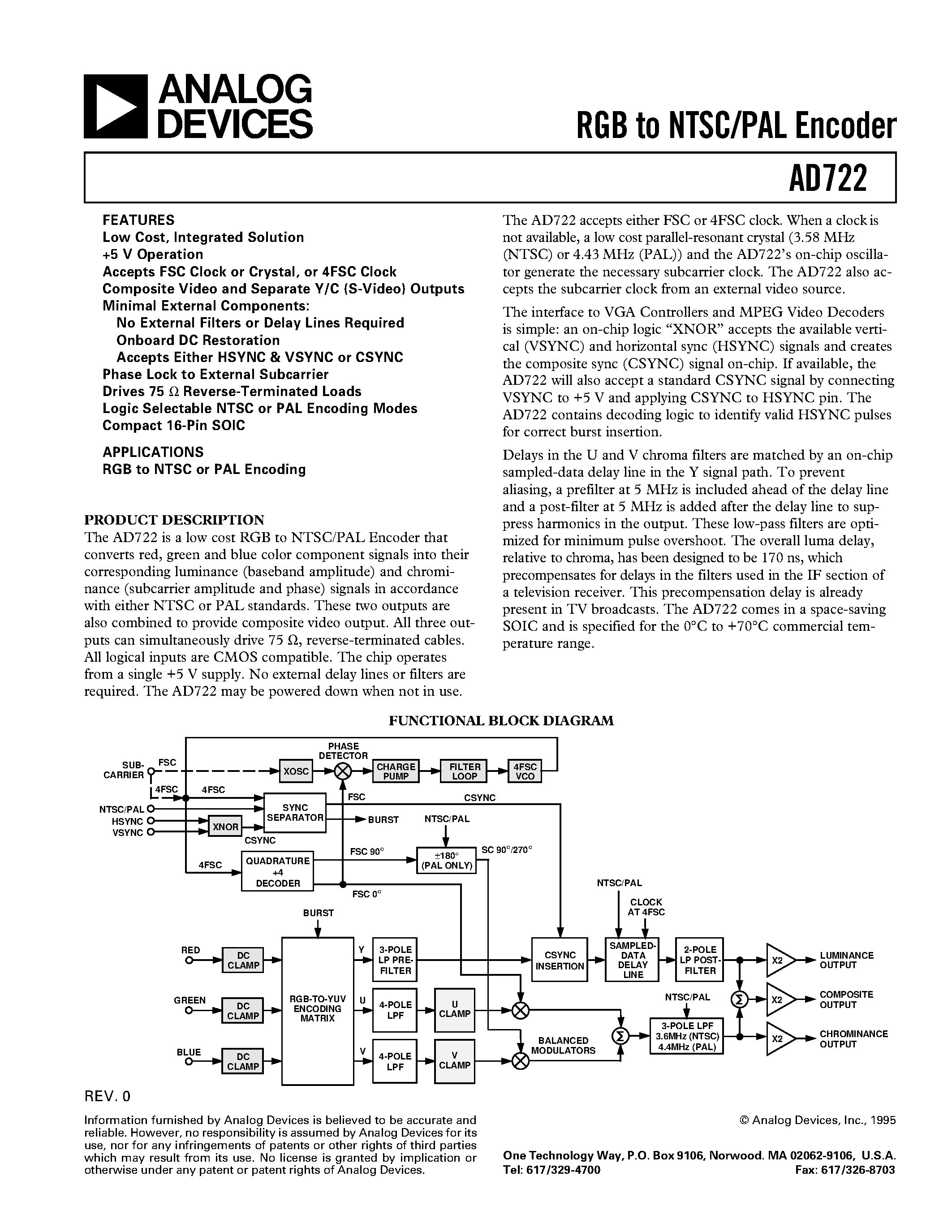Datasheet AD722JR-16 - RGB to NTSC/PAL Encoder page 1