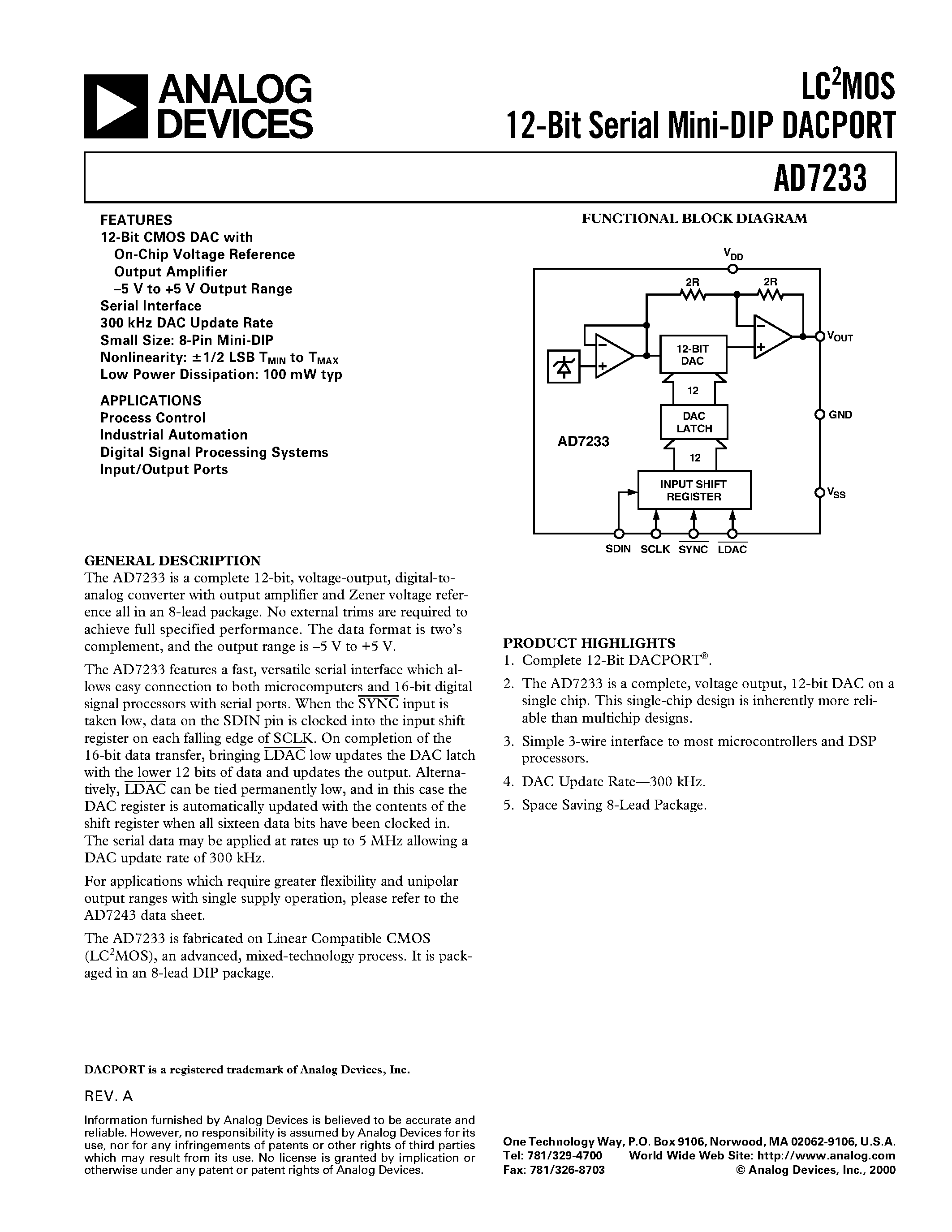 Даташит на микросхему AD7233BN страница 1 Даташит AD7233BN - LC2MOS 12-Bit Serial Mini-DIP DACPORT страница 1