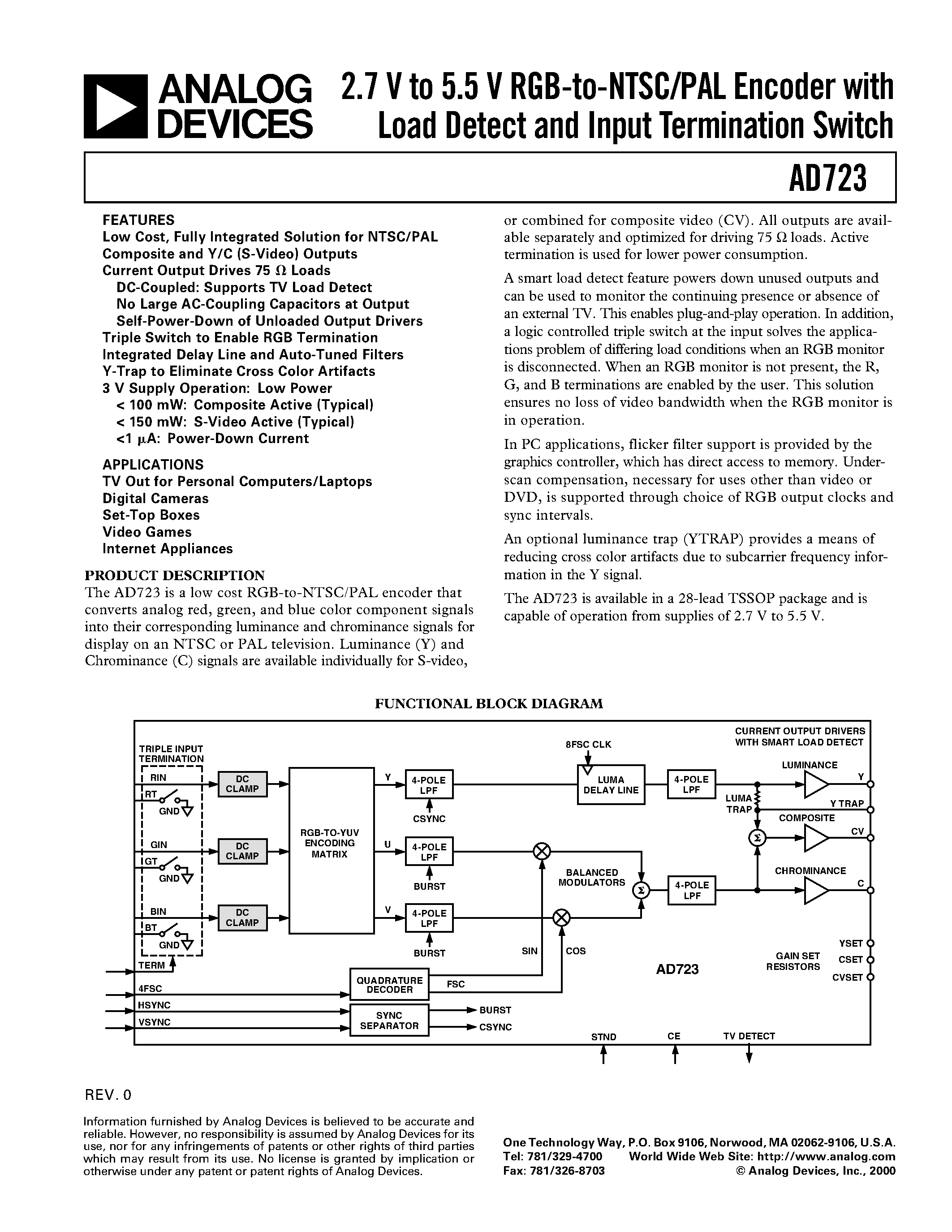 Даташит AD723ARU-REEL - 2.7 V to 5.5 V RGB-to-NTSC/PAL Encoder with Load Detect and Input Termination Switch страница 1