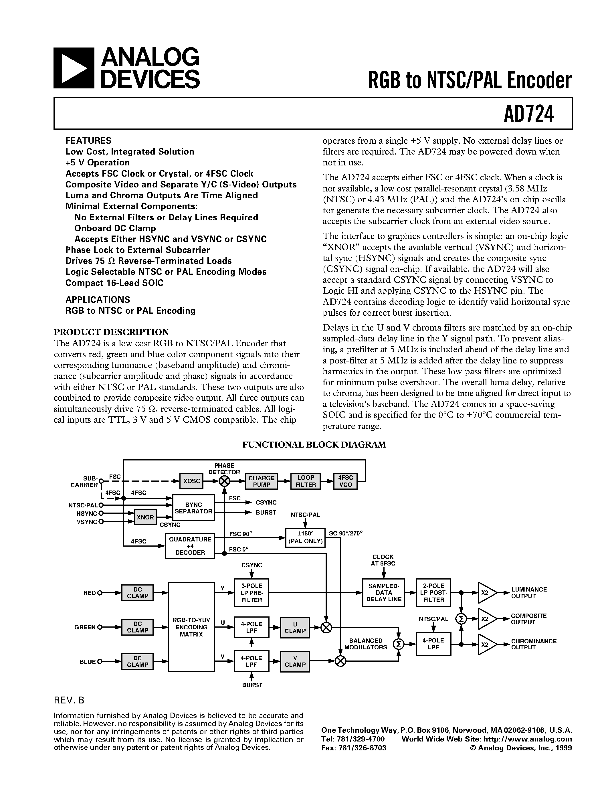 Datasheet AD724 page 1 Datasheet AD724 - RGB to NTSC/PAL Encoder page 1