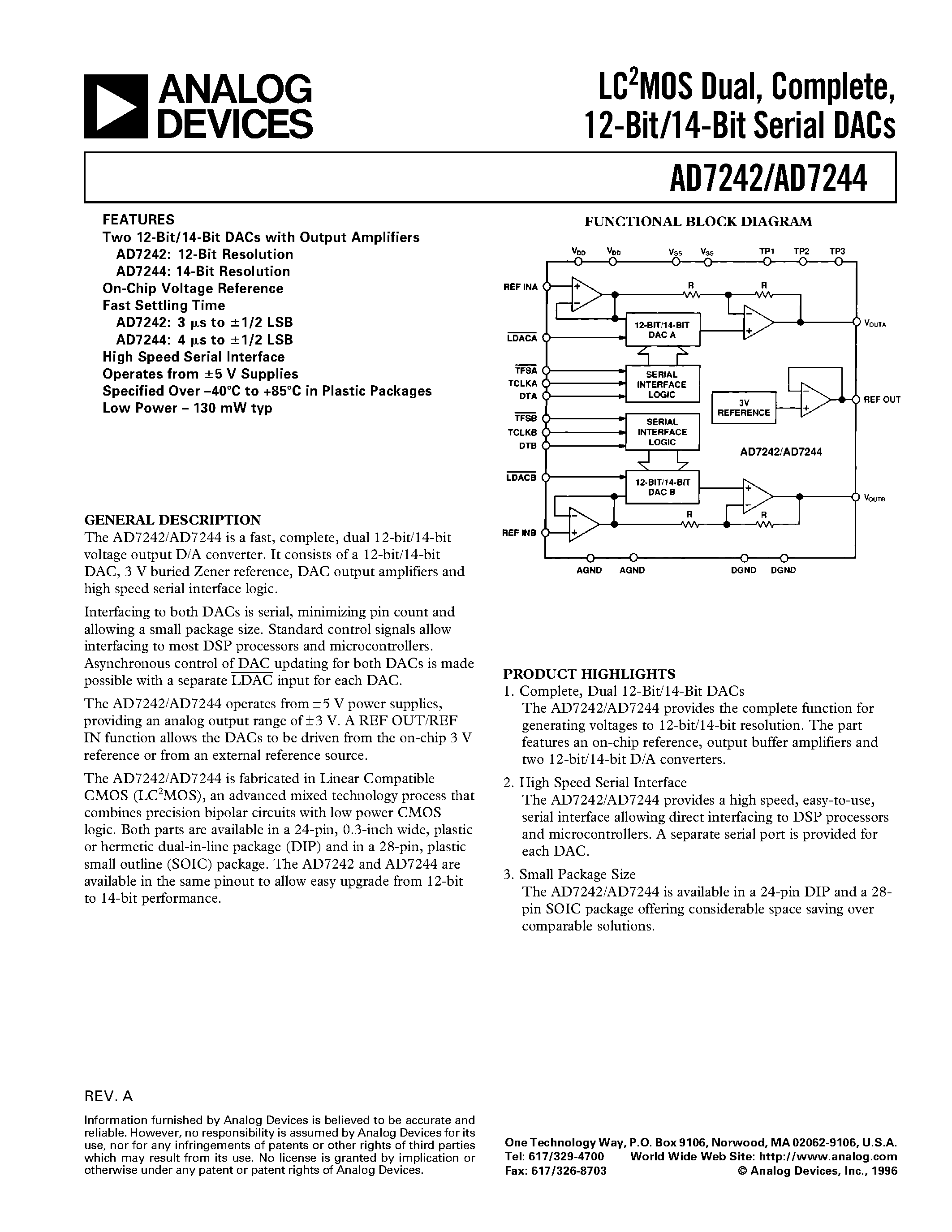 Даташит AD7242KR - LC2MOS Dual/ Complete/ 12-Bit/14-Bit Serial DACs страница 1