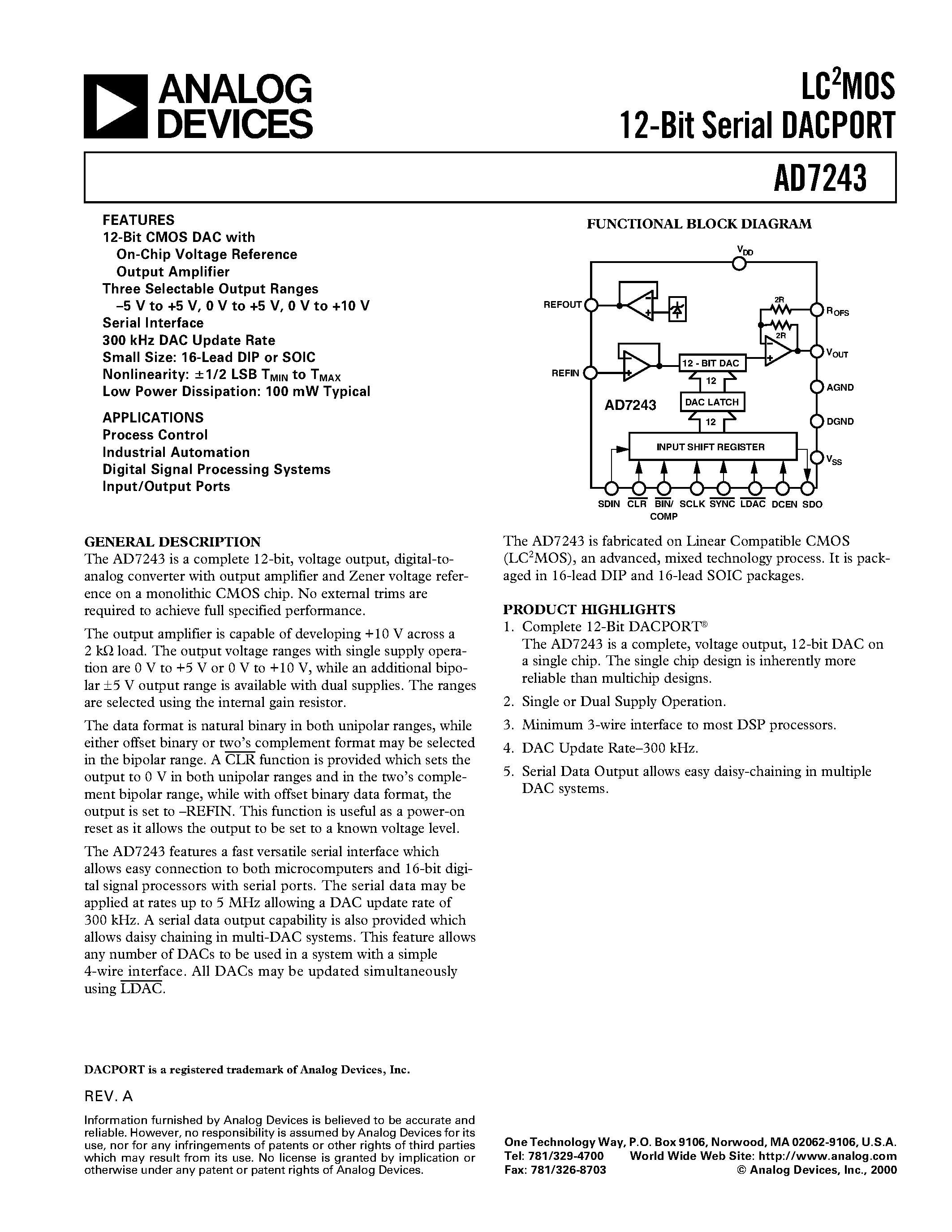 Даташит на микросхему AD7243BQ страница 1 Даташит AD7243BQ - LC2MOS 12-Bit Serial DACPORT страница 1