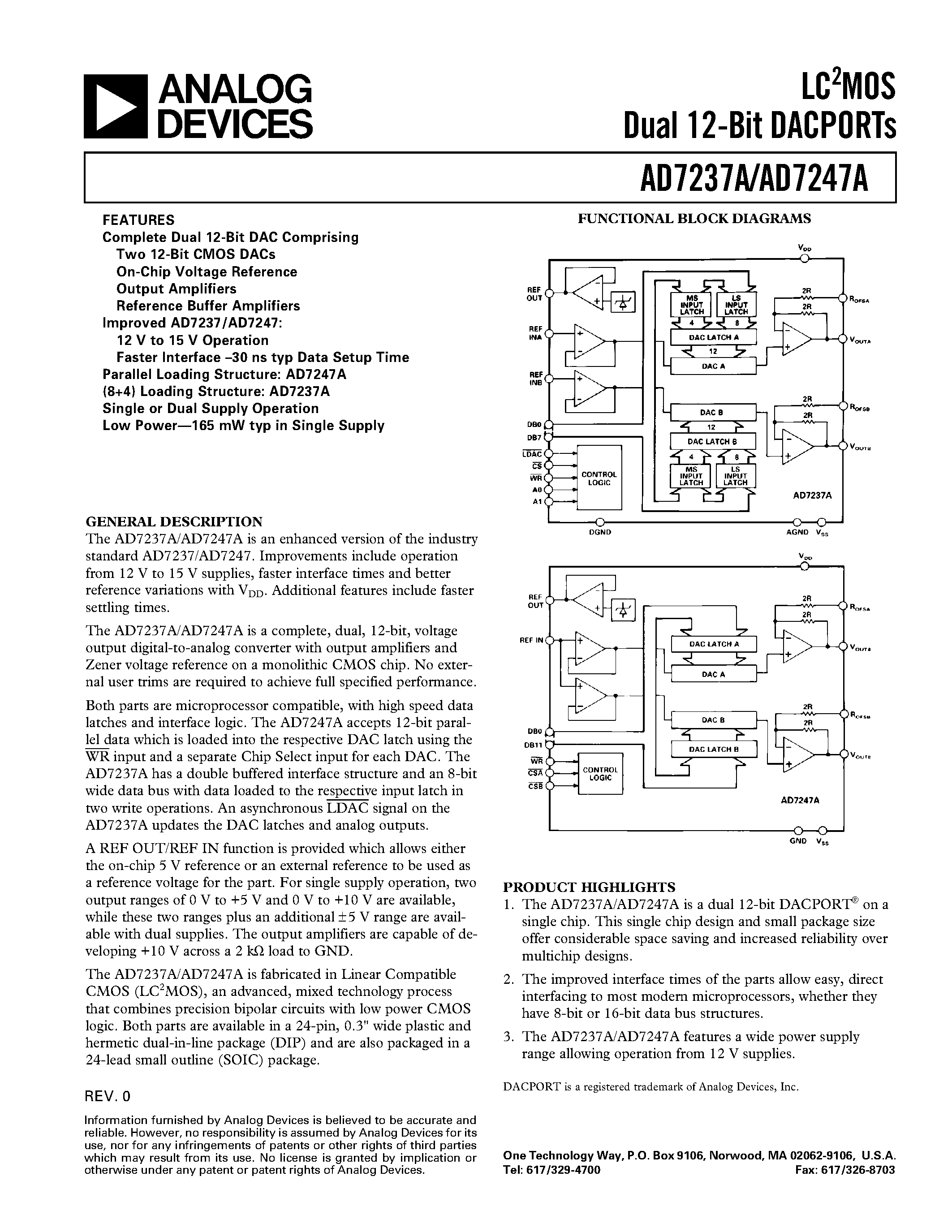 Даташит AD7247ABR - LC2MOS Dual 12-Bit DACPORTs страница 1