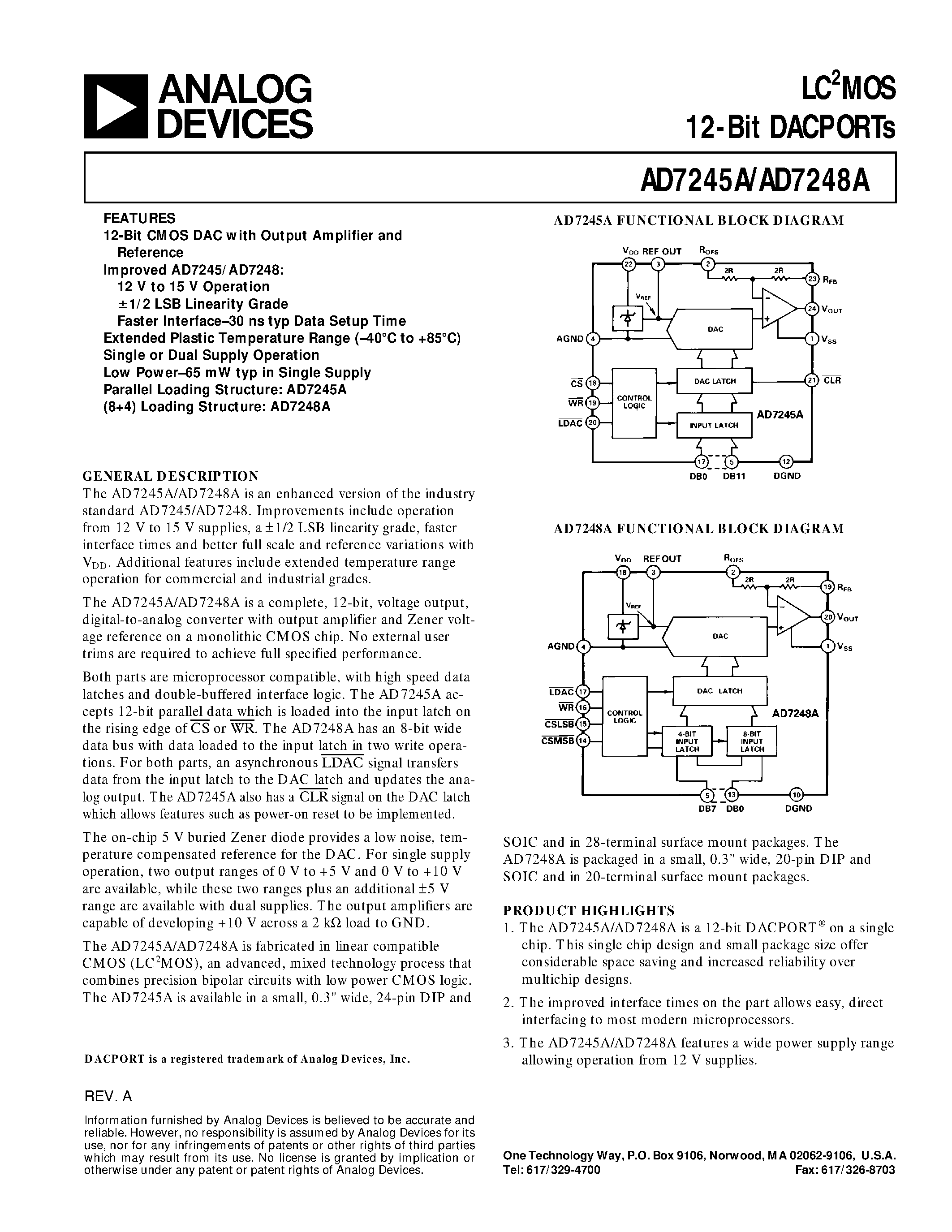 Даташит AD7248AAP - LC2MOS 12-Bit DACPORTs страница 1