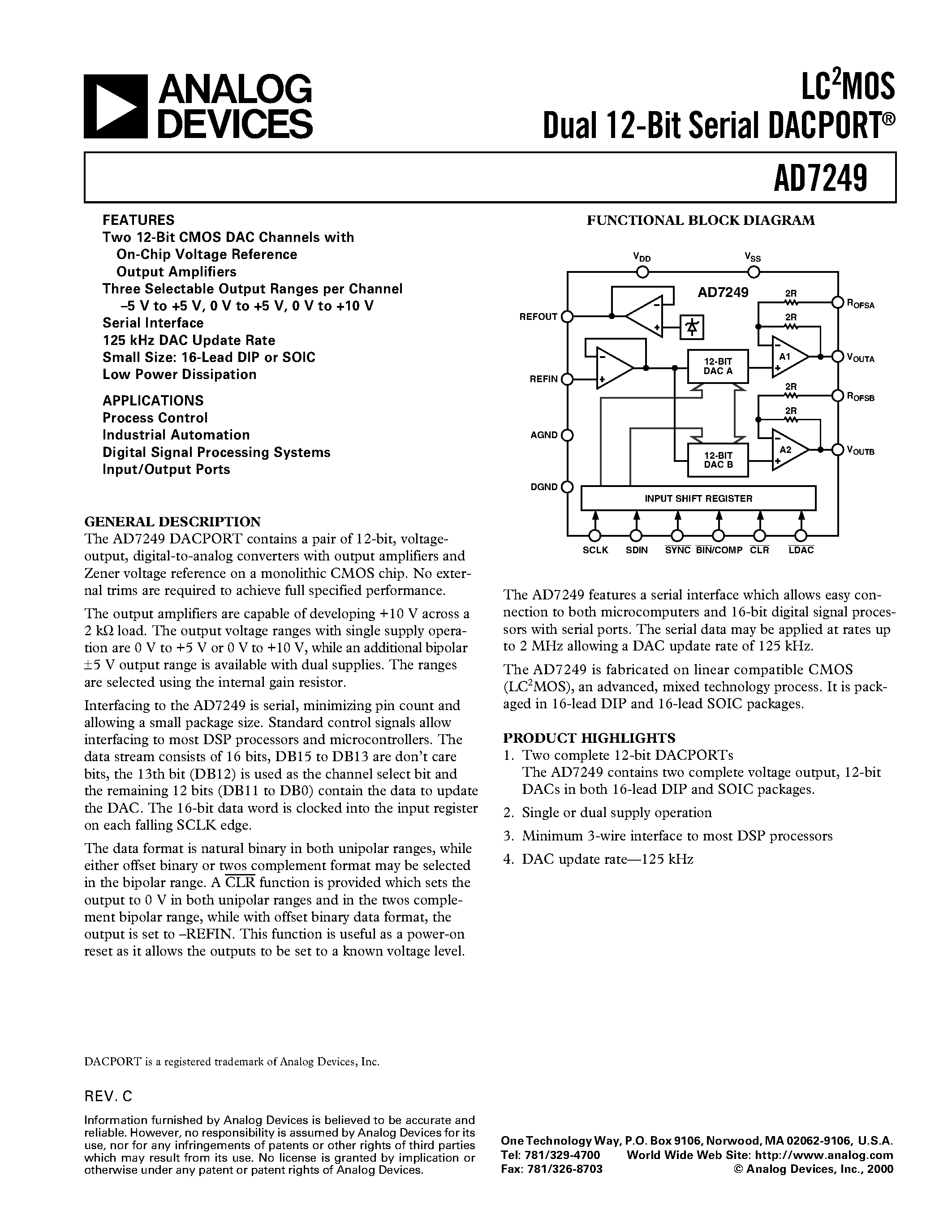 Даташит AD7249AN - LC2MOS Dual 12-Bit Serial DACPORT страница 1