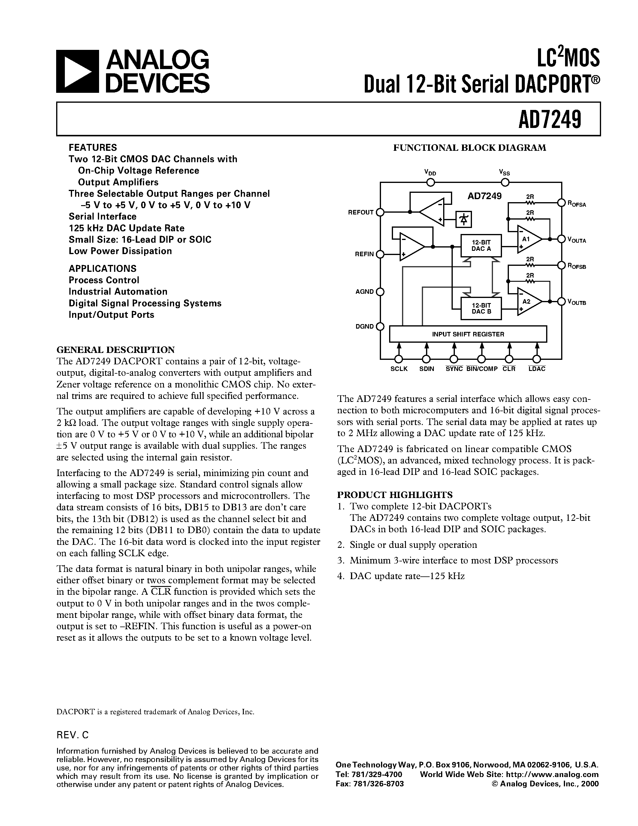 Даташит на микросхему AD7249SQ страница 1 Даташит AD7249SQ - LC2MOS Dual 12-Bit Serial DACPORT страница 1