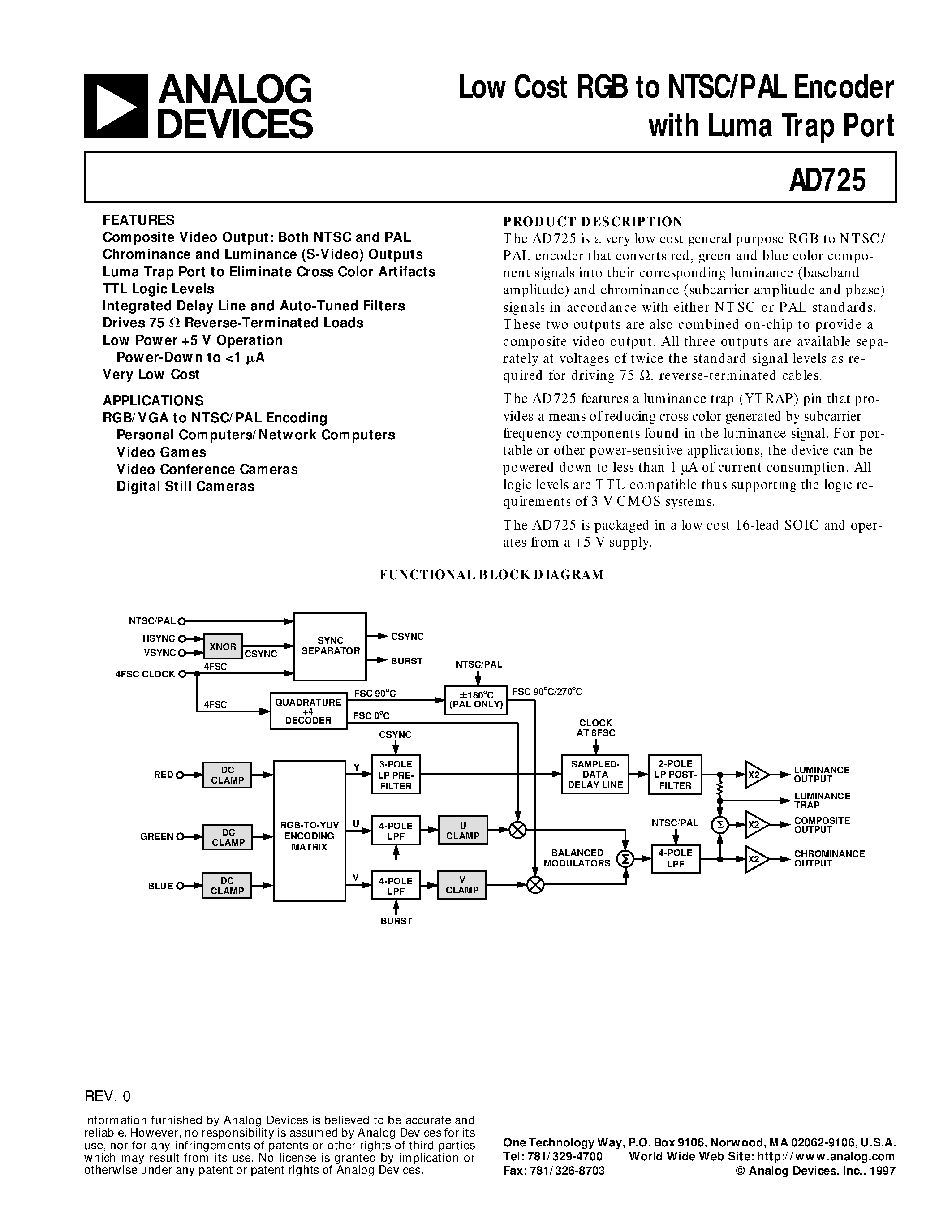 Datasheet AD725AR page 1 Datasheet AD725AR - Low Cost RGB to NTSC/PAL Encoder with Luma Trap Port page 1