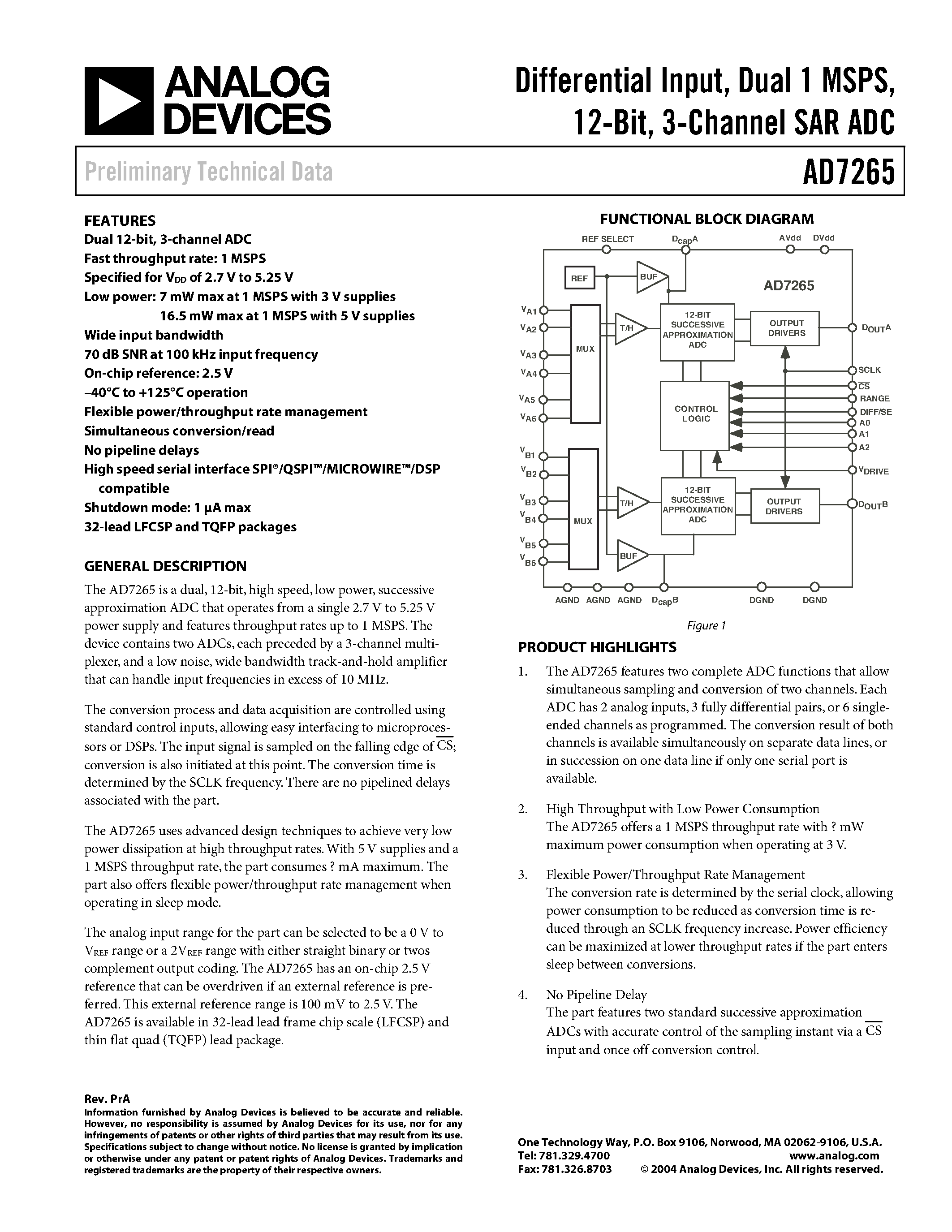 Datasheet AD7265BCP - Differential Input/ Dual 1 MSPS/ 12-Bit/ 3-Channel SAR ADC page 1