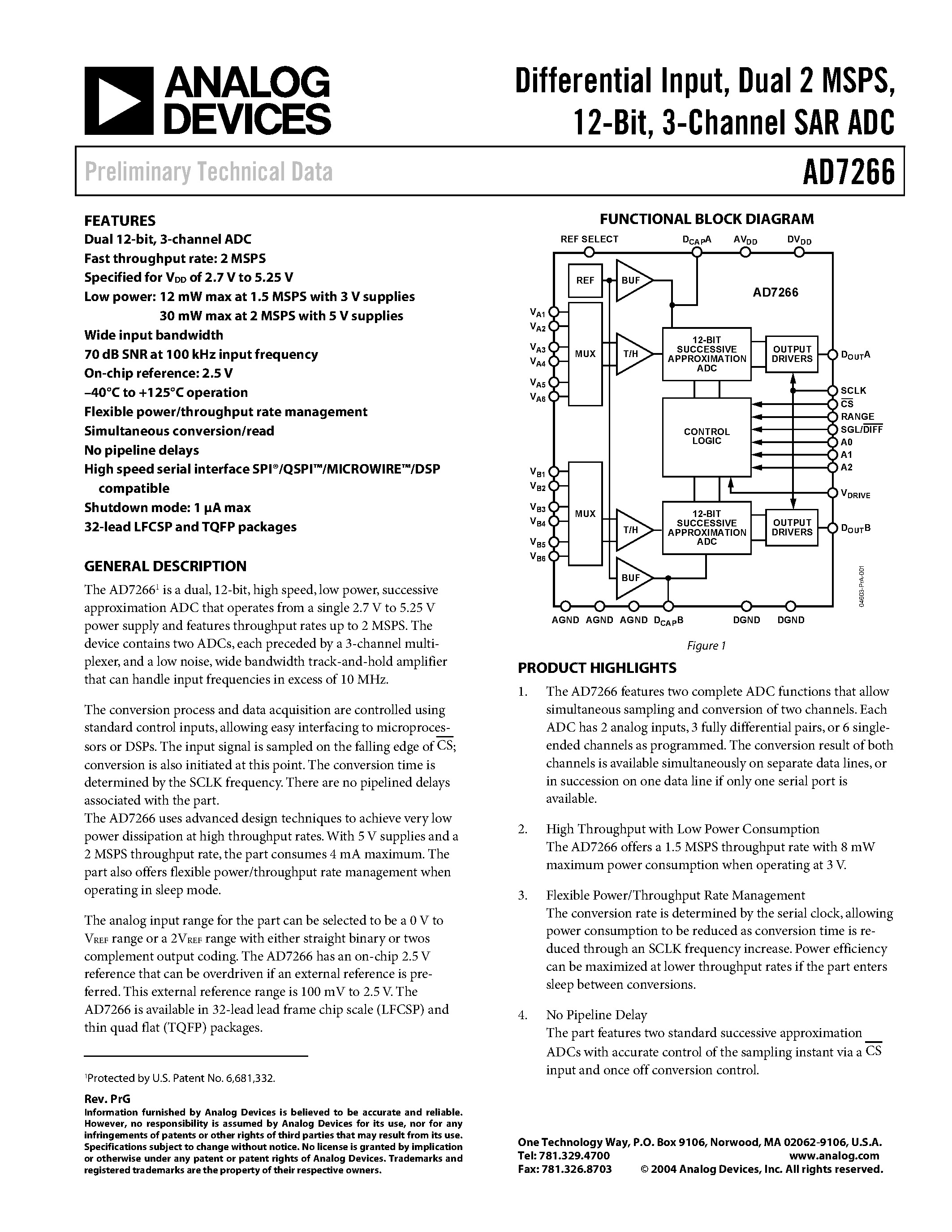 Datasheet AD7266ACP - Differential Input/ Dual 2 MSPS/ 12-Bit/ 3-Channel SAR ADC page 1