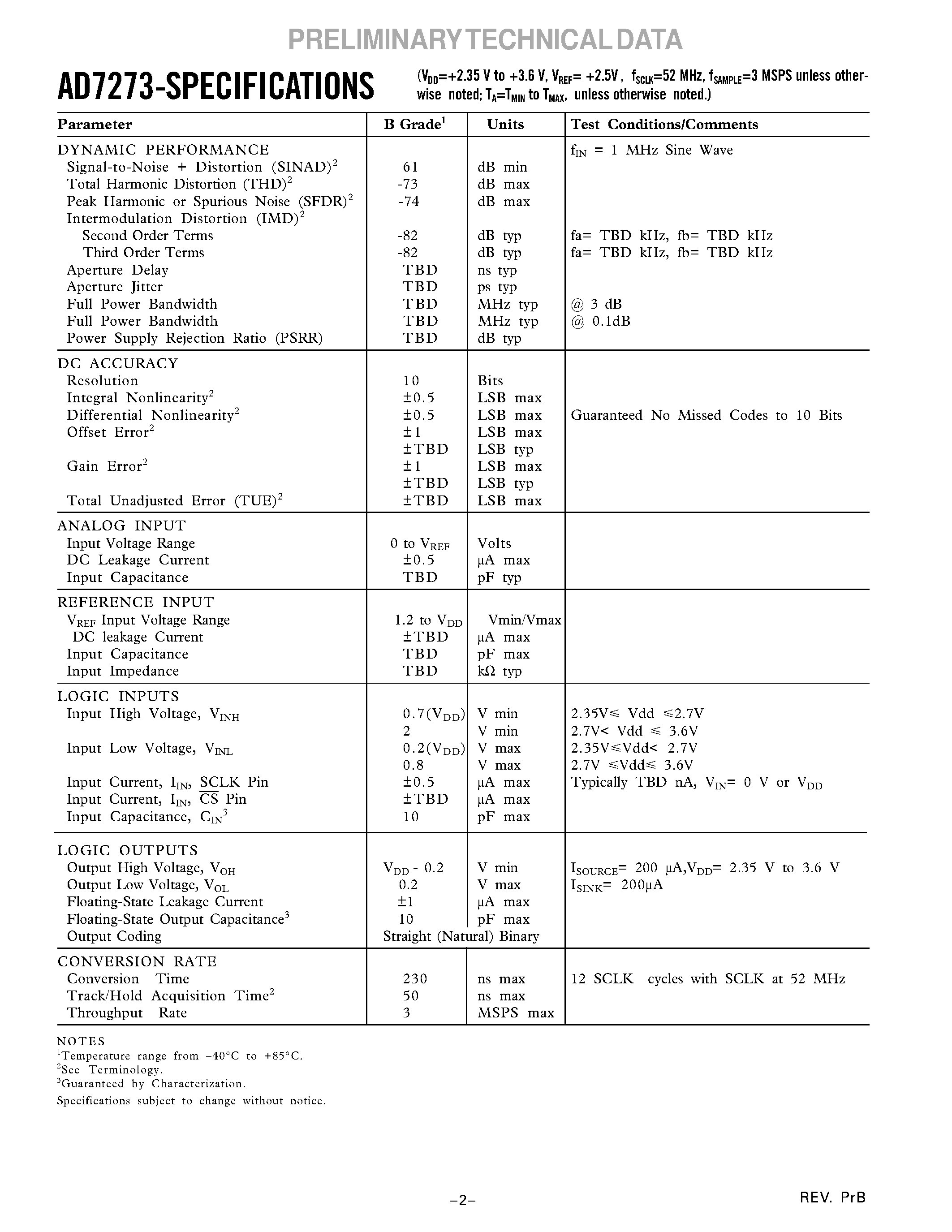 Datasheet AD7273BRM page 2 Datasheet AD7273BRM - 3MSPS/10-/12-Bit ADCs in 8-Lead TSOT page 2