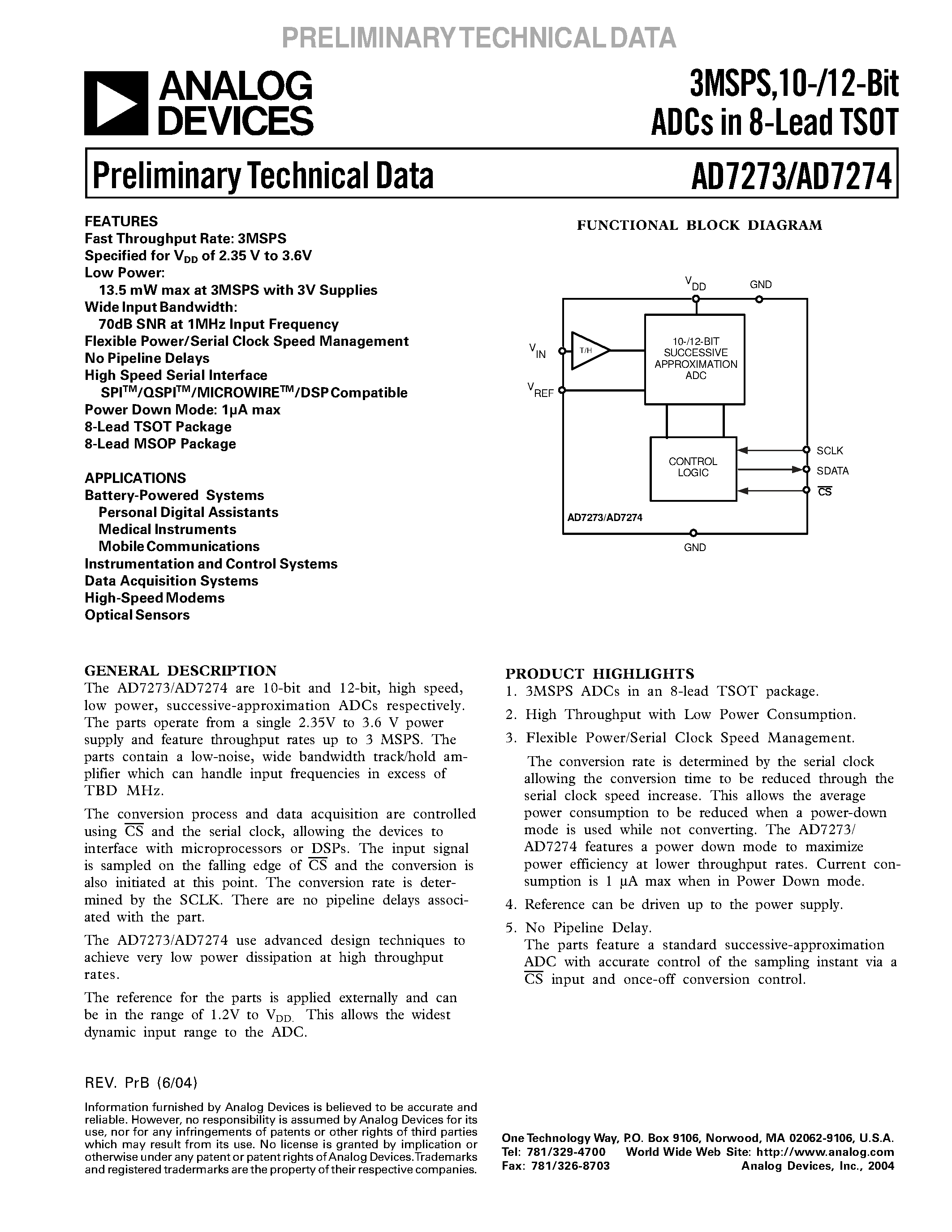 Datasheet AD7274BRM - 3MSPS/10-/12-Bit ADCs in 8-Lead TSOT page 1