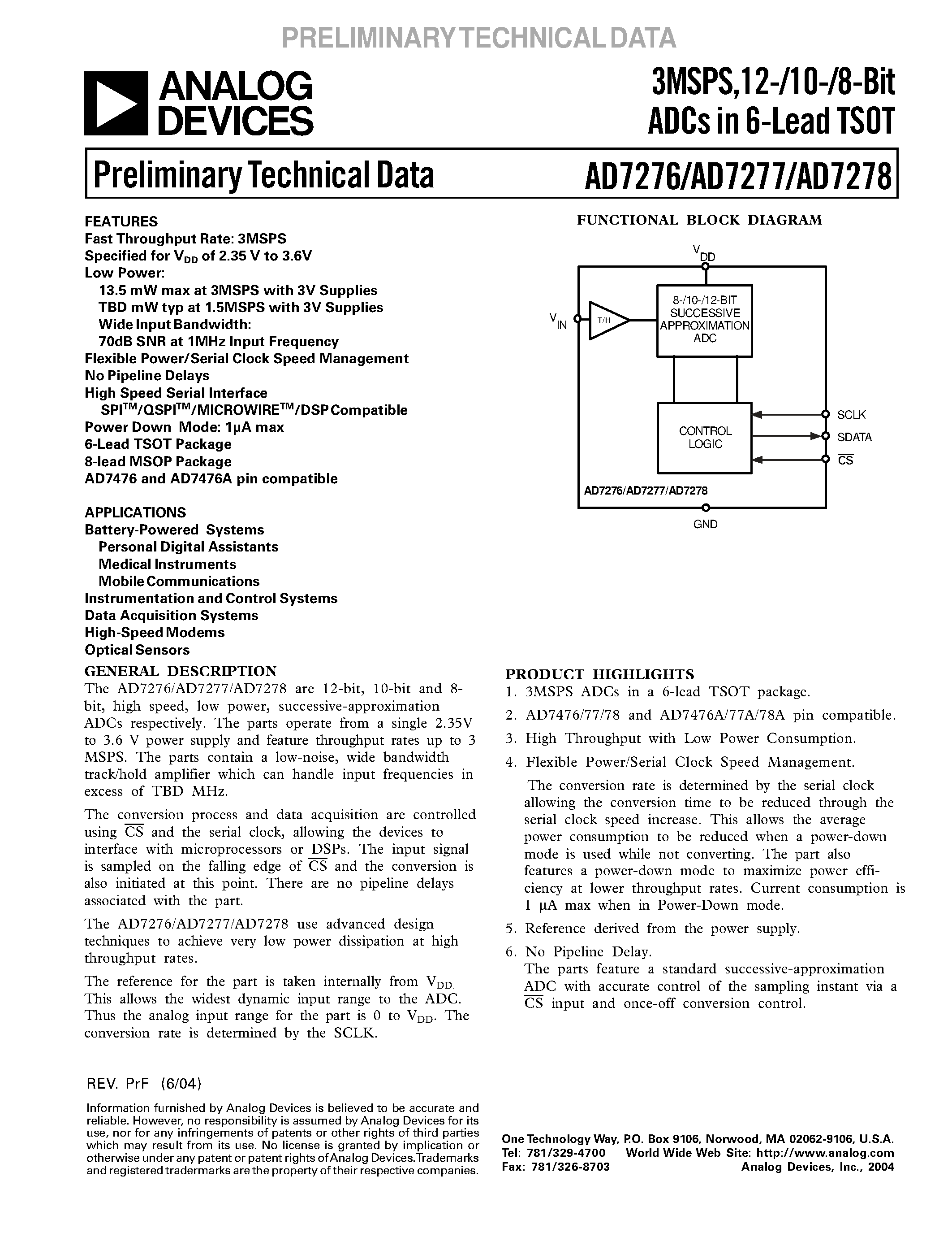 Datasheet AD7276 page 1 Datasheet AD7276 - 3MSPS/12-/10-/8-Bit ADCs in 6-Lead TSOT page 1