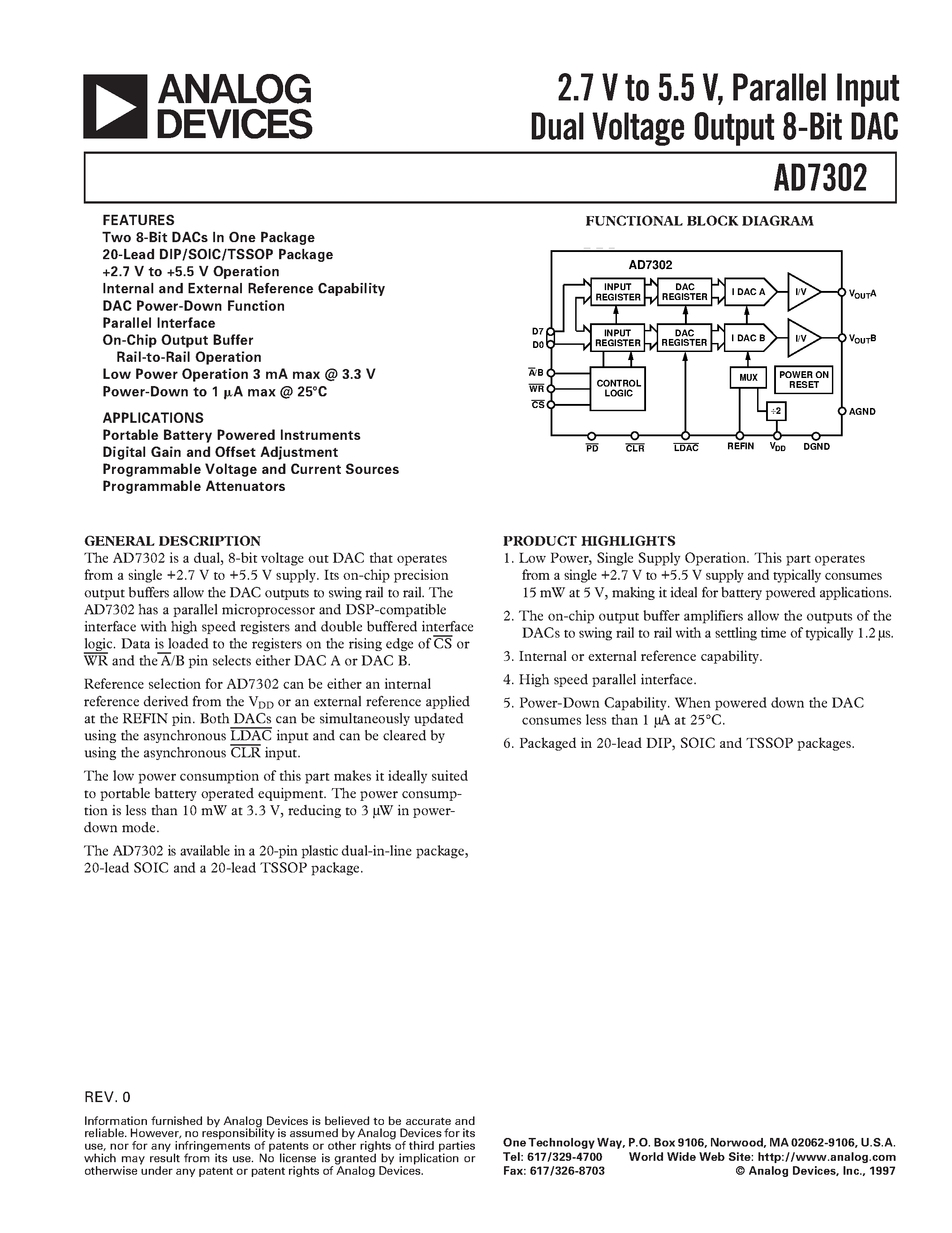 Даташит AD7302 - 2.7 V to 5.5 V/ Parallel Input Dual Voltage Output 8-Bit DAC страница 1