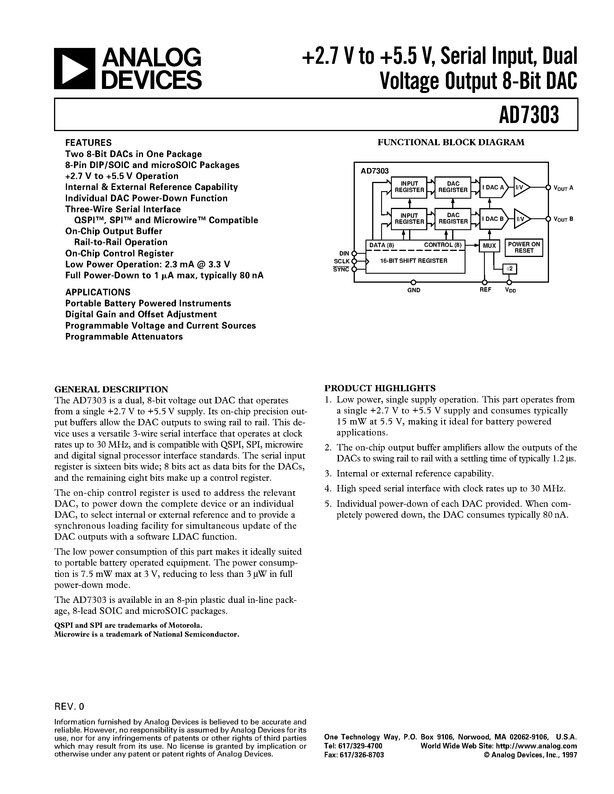 Datasheet AD7303BN - +2.7 V to +5.5 V/ Serial Input/ Dual Voltage Output 8-Bit DAC page 1