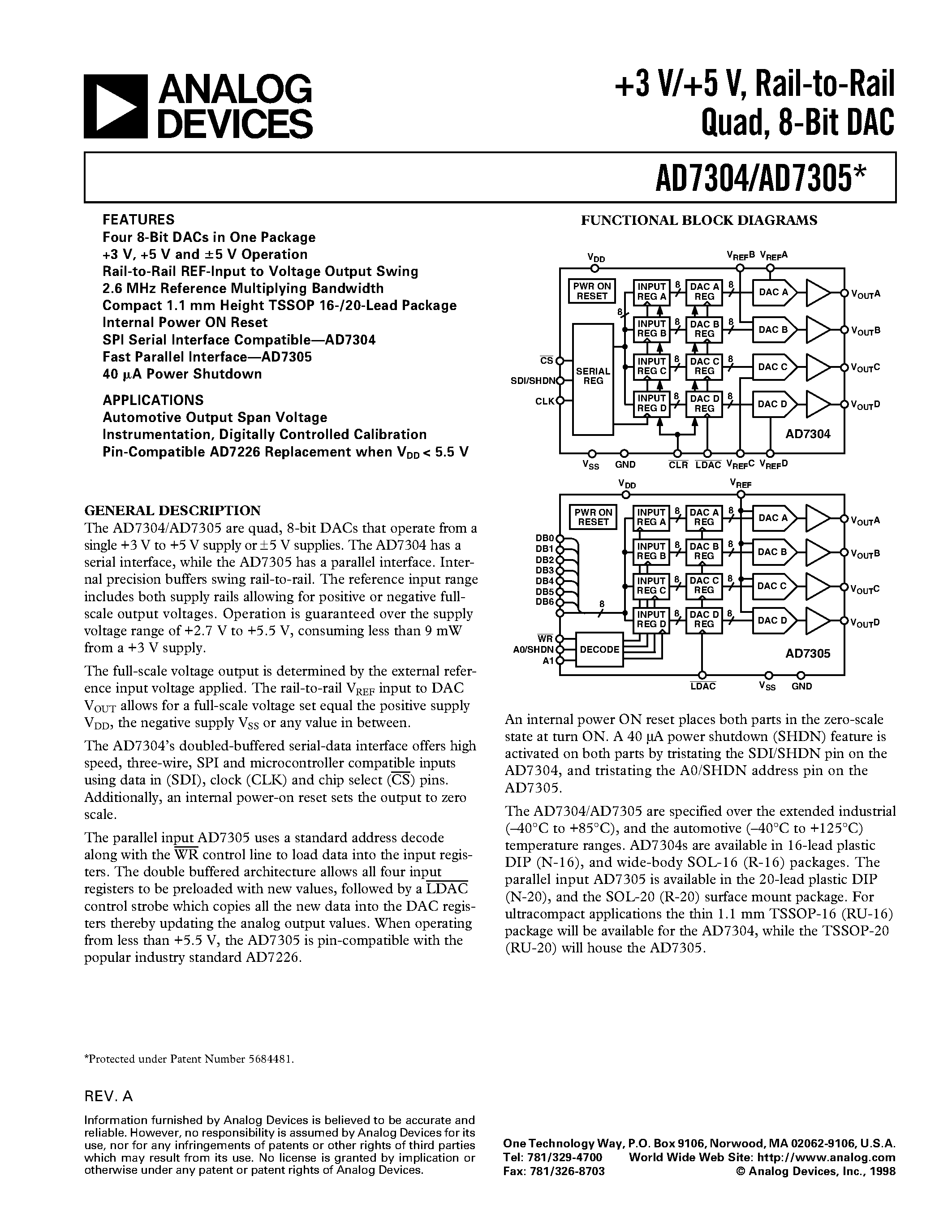 Datasheet AD7304 - +3 V/+5 V/ Rail-to-Rail Quad/ 8-Bit DAC page 1