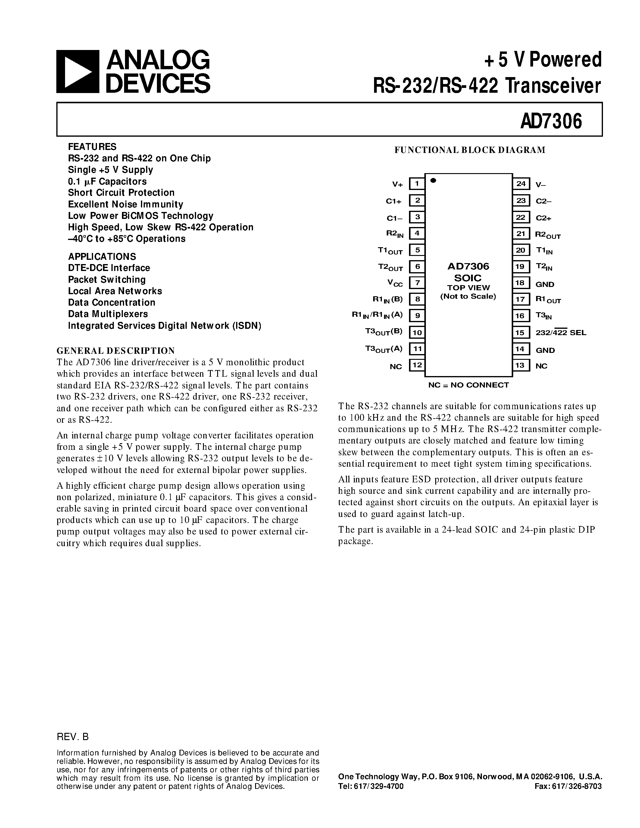 Datasheet AD7306AN - +5 V Powered RS-232/RS-422 Transceiver page 1