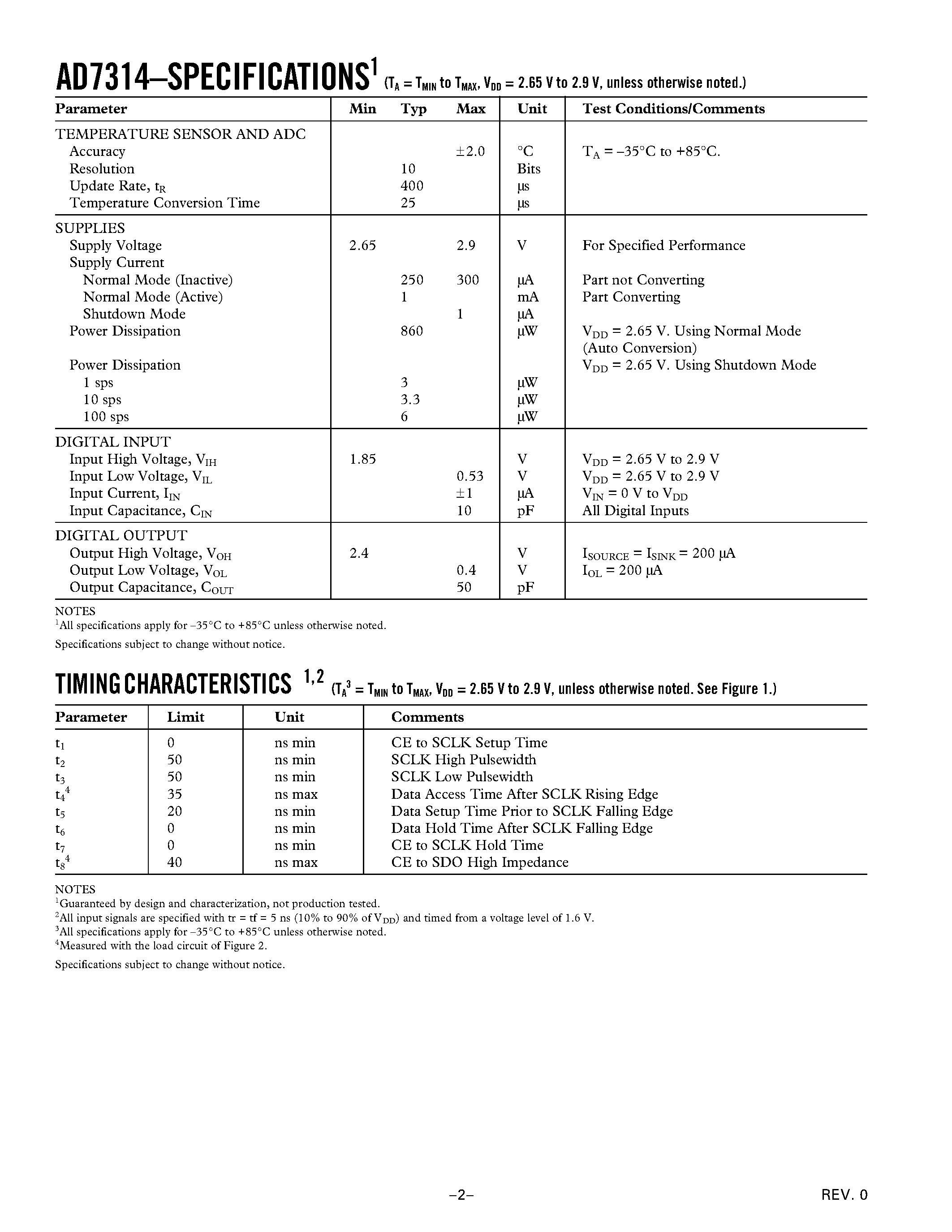 Datasheet AD7314 - Low-Voltage/ 10-Bit Digital Temperature Sensor in 8-Lead uSOIC page 2