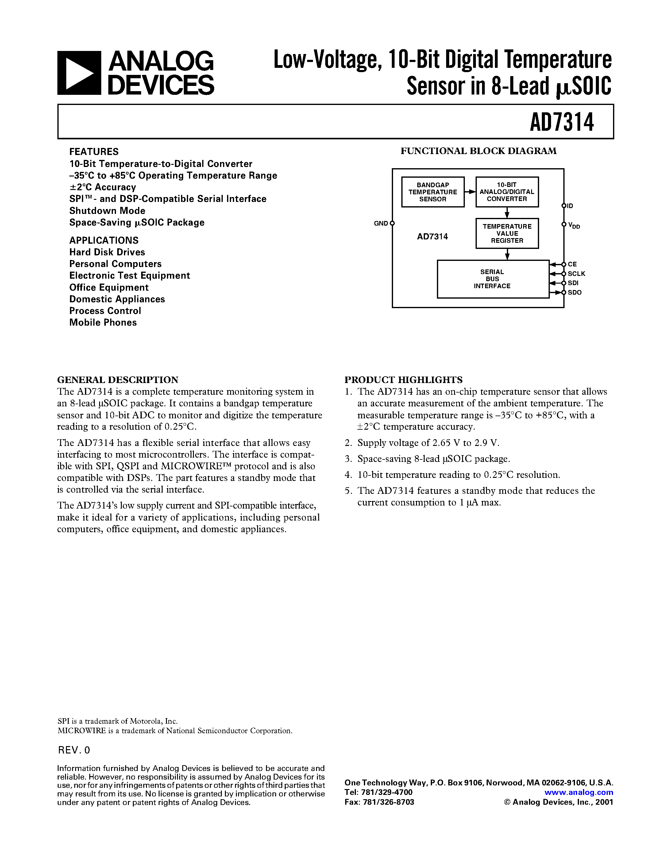 Datasheet AD7314ARM - Low-Voltage/ 10-Bit Digital Temperature Sensor in 8-Lead uSOIC page 1