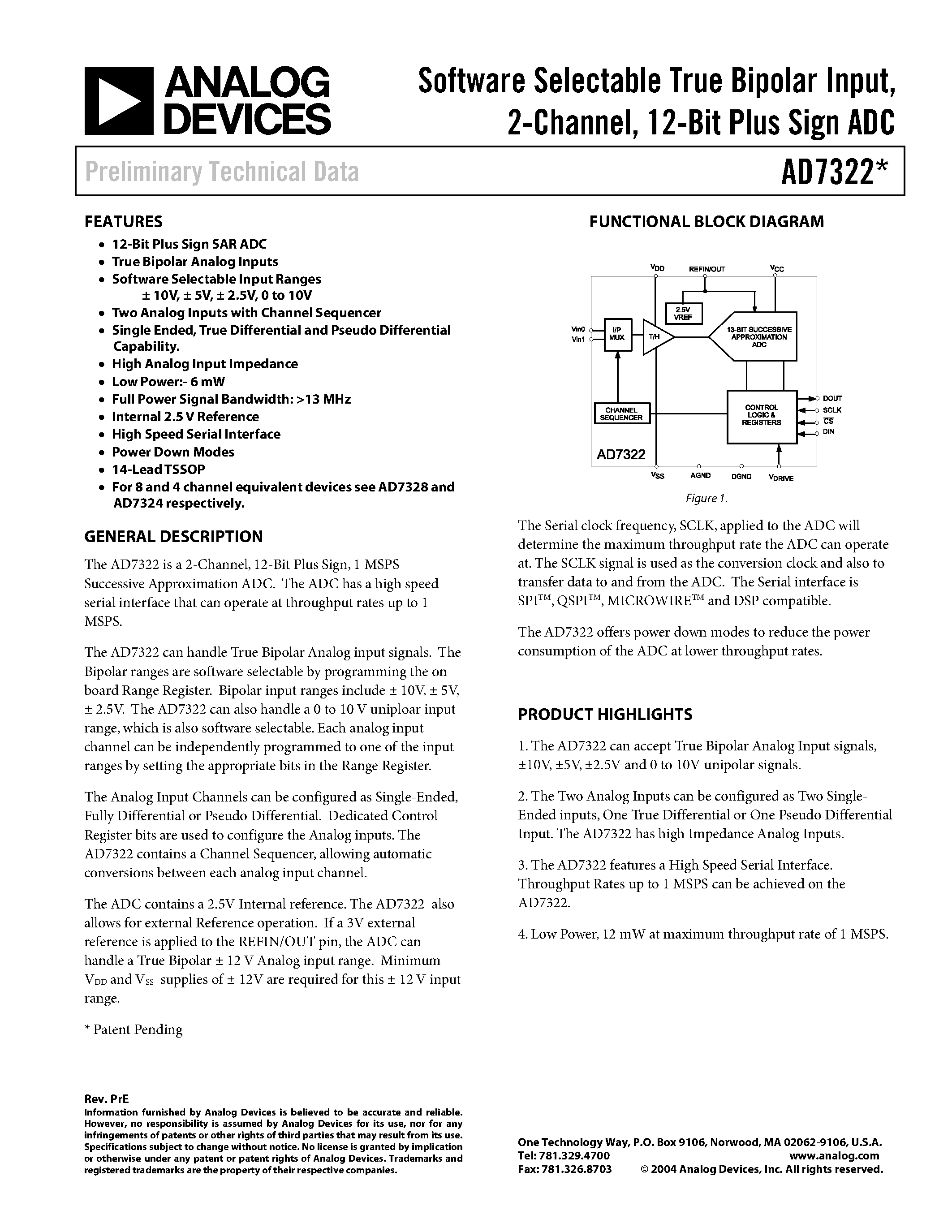 Datasheet AD7322BRU - Software Selectable True Bipolar Input/ 2-Channel/ 12-Bit Plus Sign ADC page 1