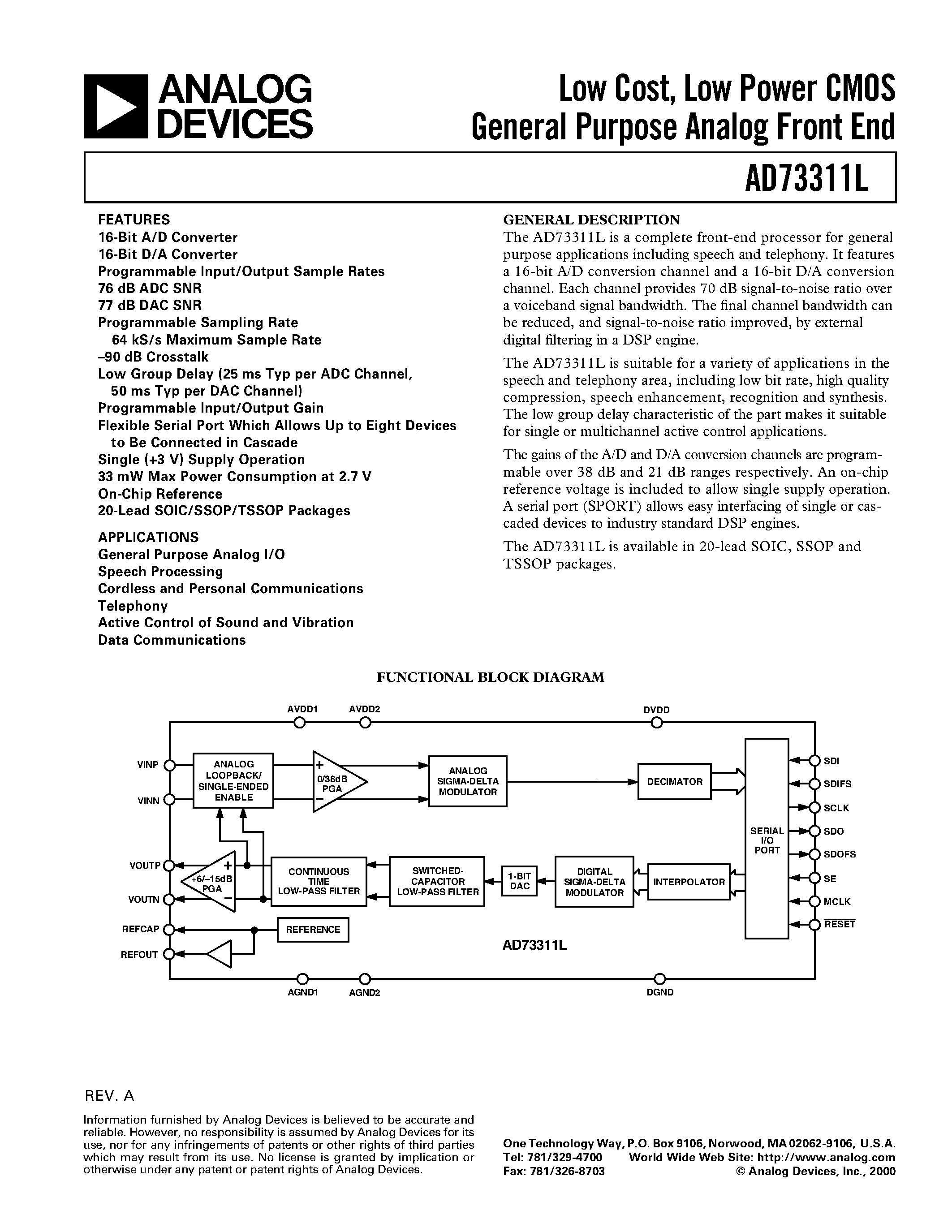 Datasheet AD73311L - Low Cost/ Low Power CMOS General Purpose Analog Front End page 1