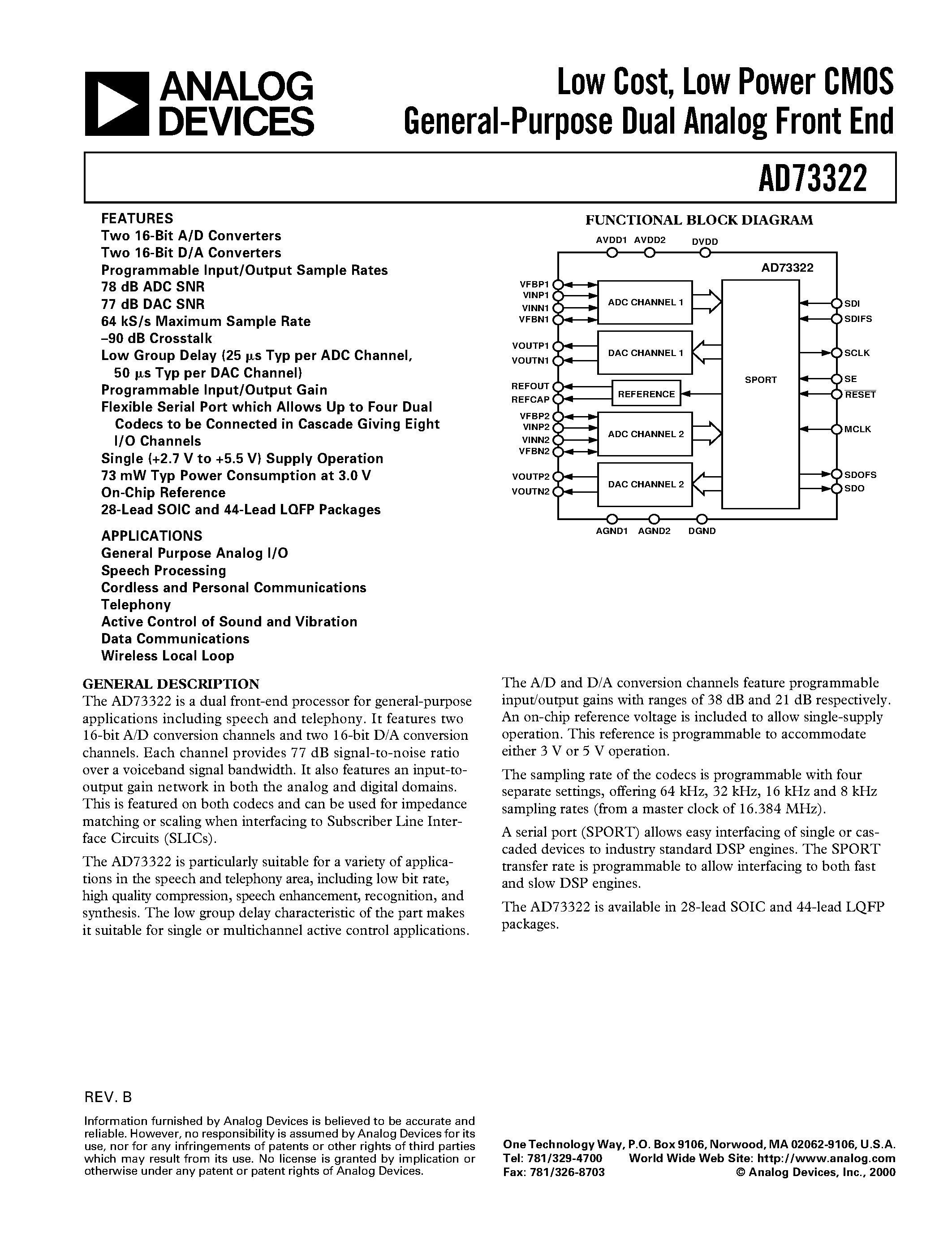 Datasheet AD73322 - Low Cost/ Low Power CMOS General-Purpose Dual Analog Front End page 1