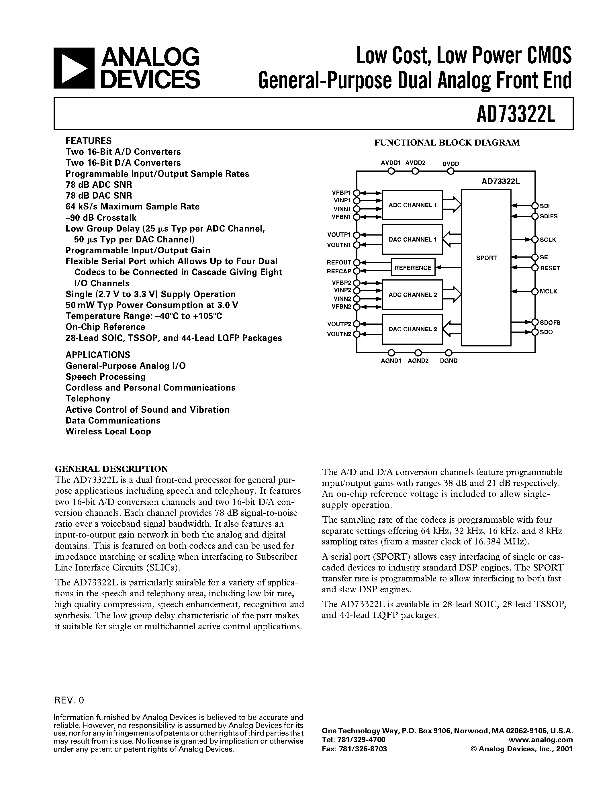 Datasheet AD73322LYST page 1 Datasheet AD73322LYST - Low Cost/ Low Power CMOS General-Purpose Dual Analog Front End page 1