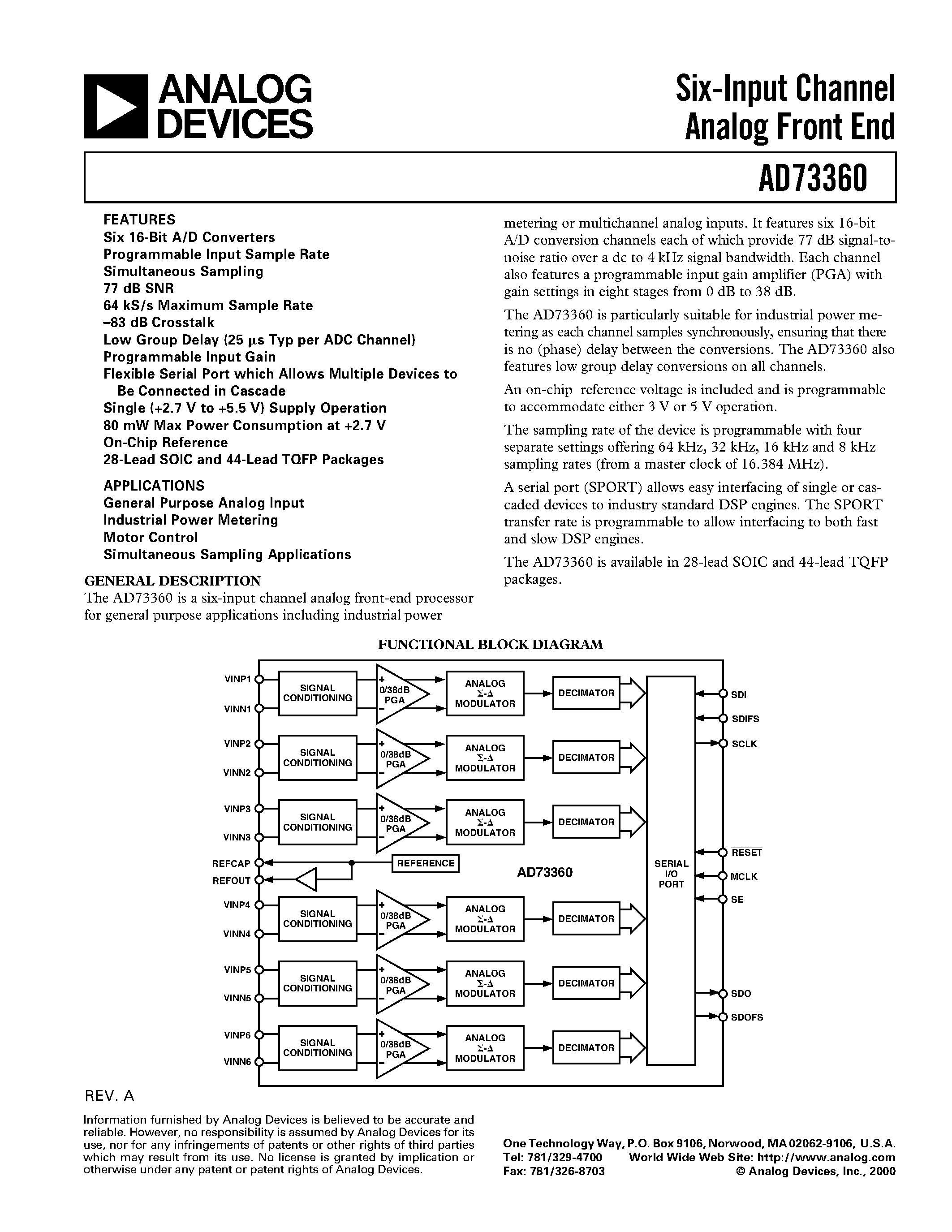 Datasheet AD73360 - Six-Input Channel Analog Front End page 1