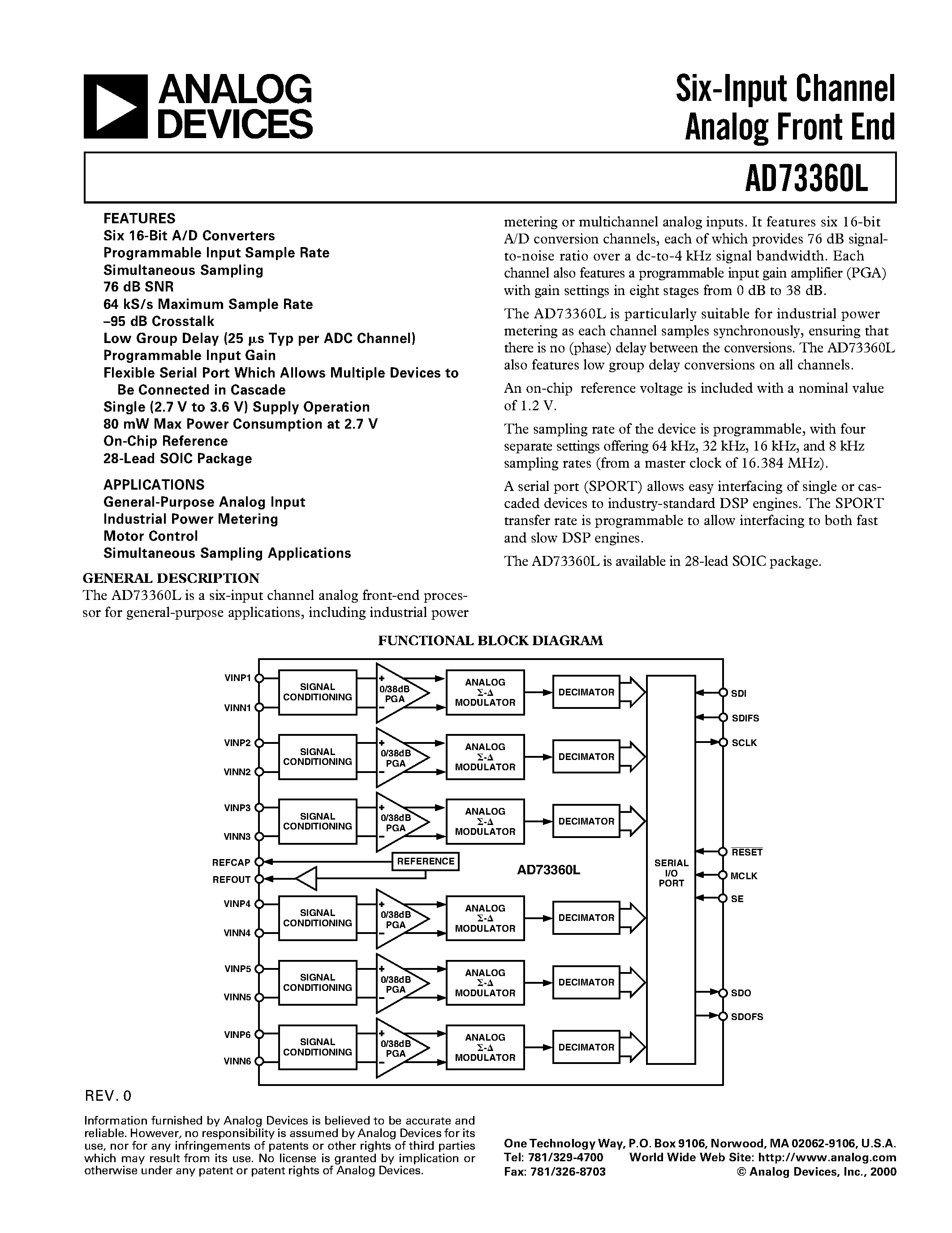 Datasheet AD73360LAR - Six-Input Channel Analog Front End page 1
