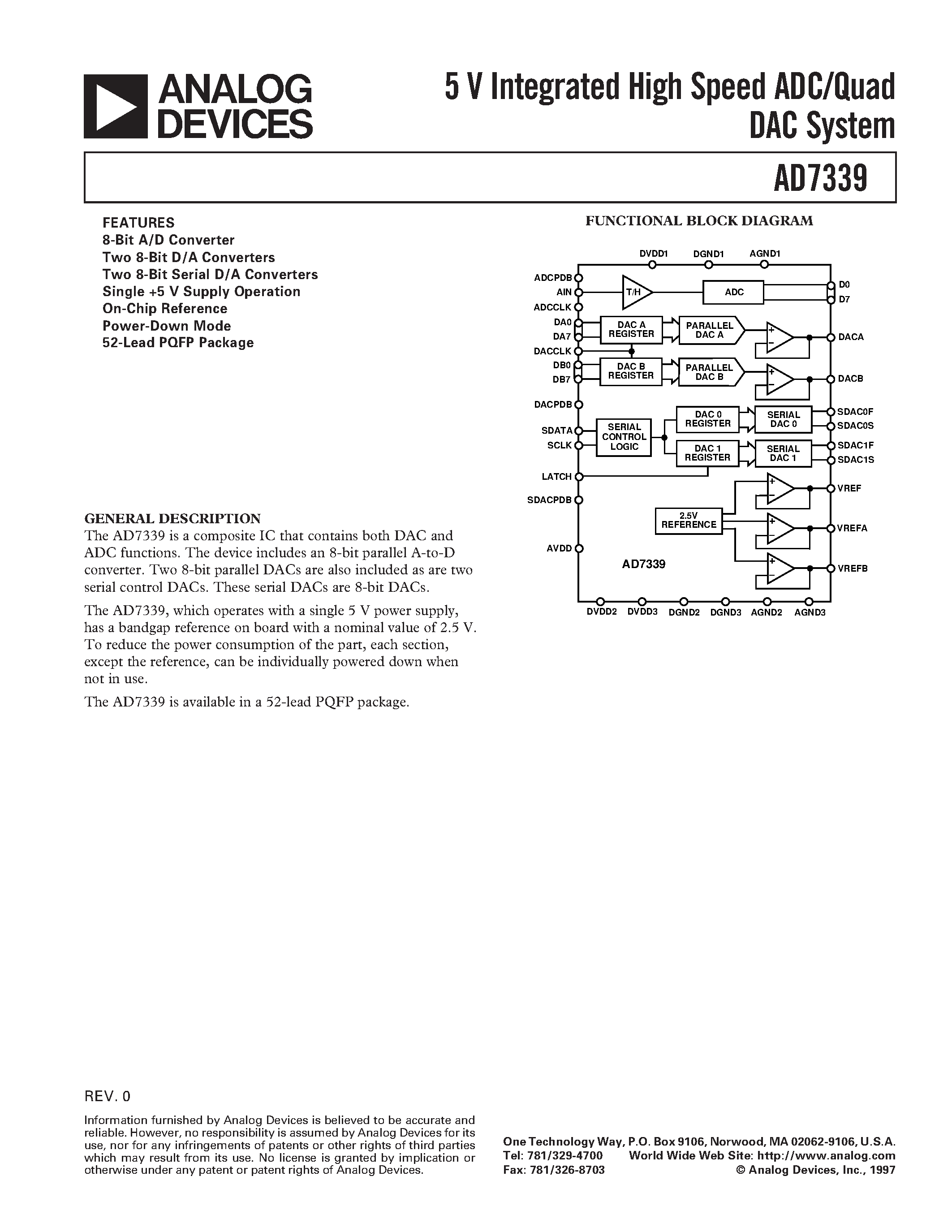 Datasheet AD7339BS page 1 Datasheet AD7339BS - 5 V Integrated High Speed ADC/Quad DAC System page 1