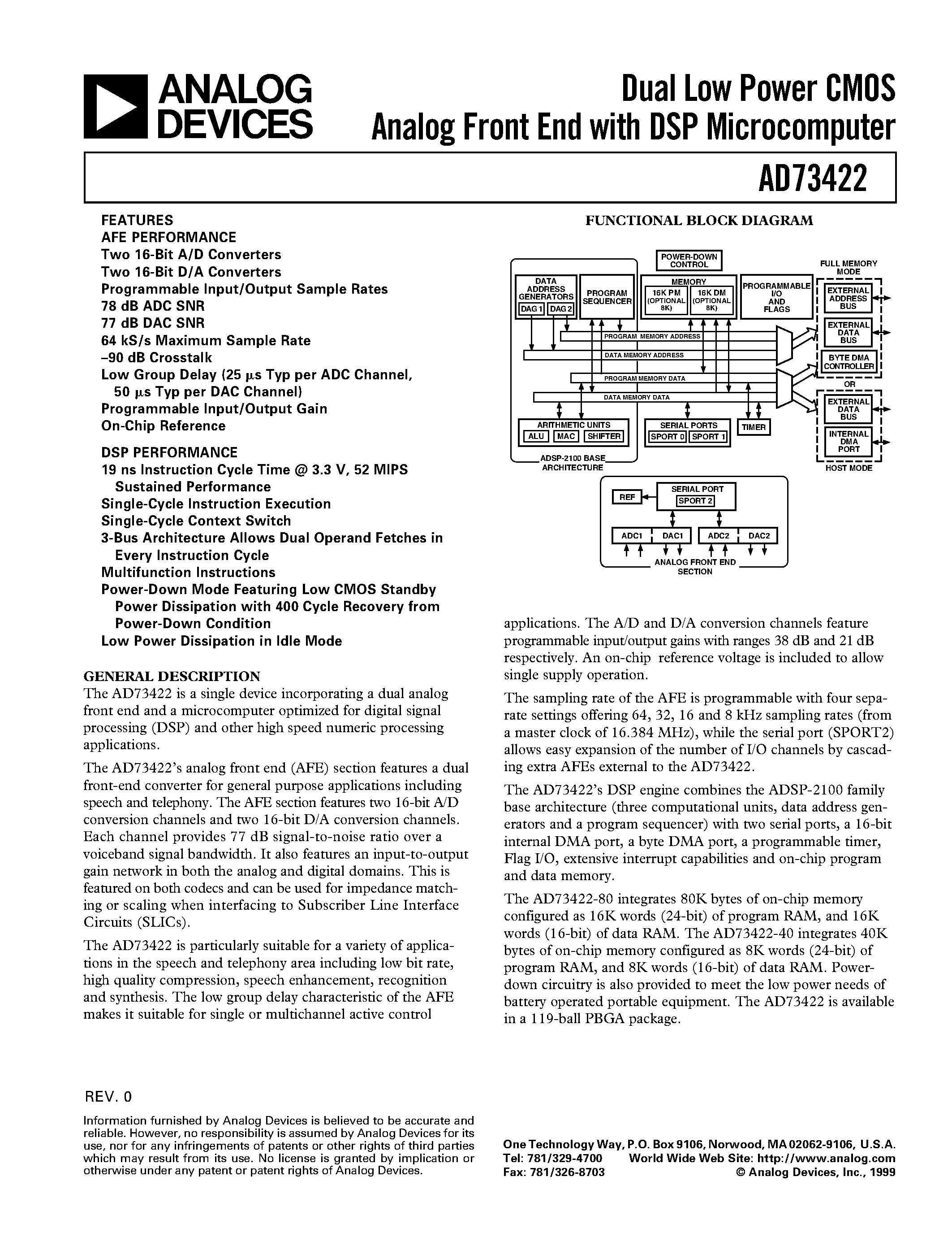 Datasheet AD73422BB-40 page 1 Datasheet AD73422BB-40 - Dual Low Power CMOS Analog Front End with DSP Microcomputer page 1