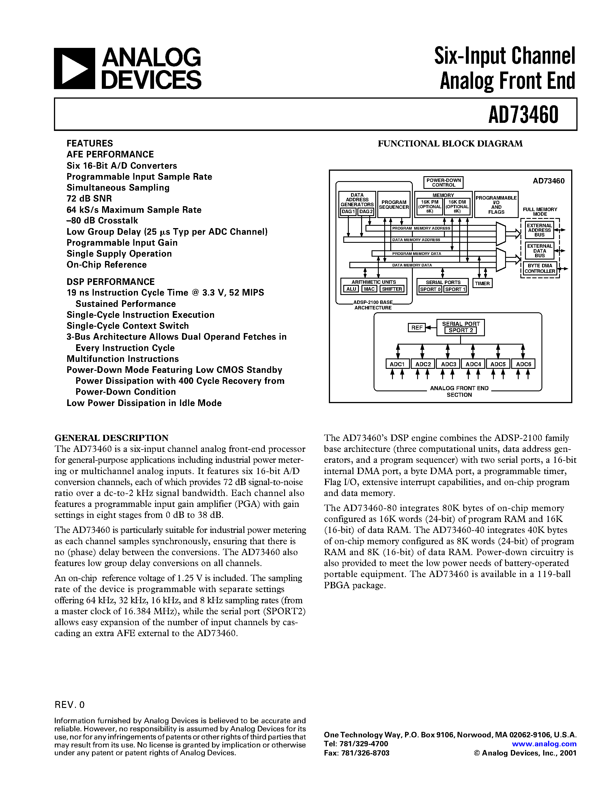 Datasheet AD73460BB-80 page 1 Datasheet AD73460BB-80 - Six-Input Channel Analog Front End page 1