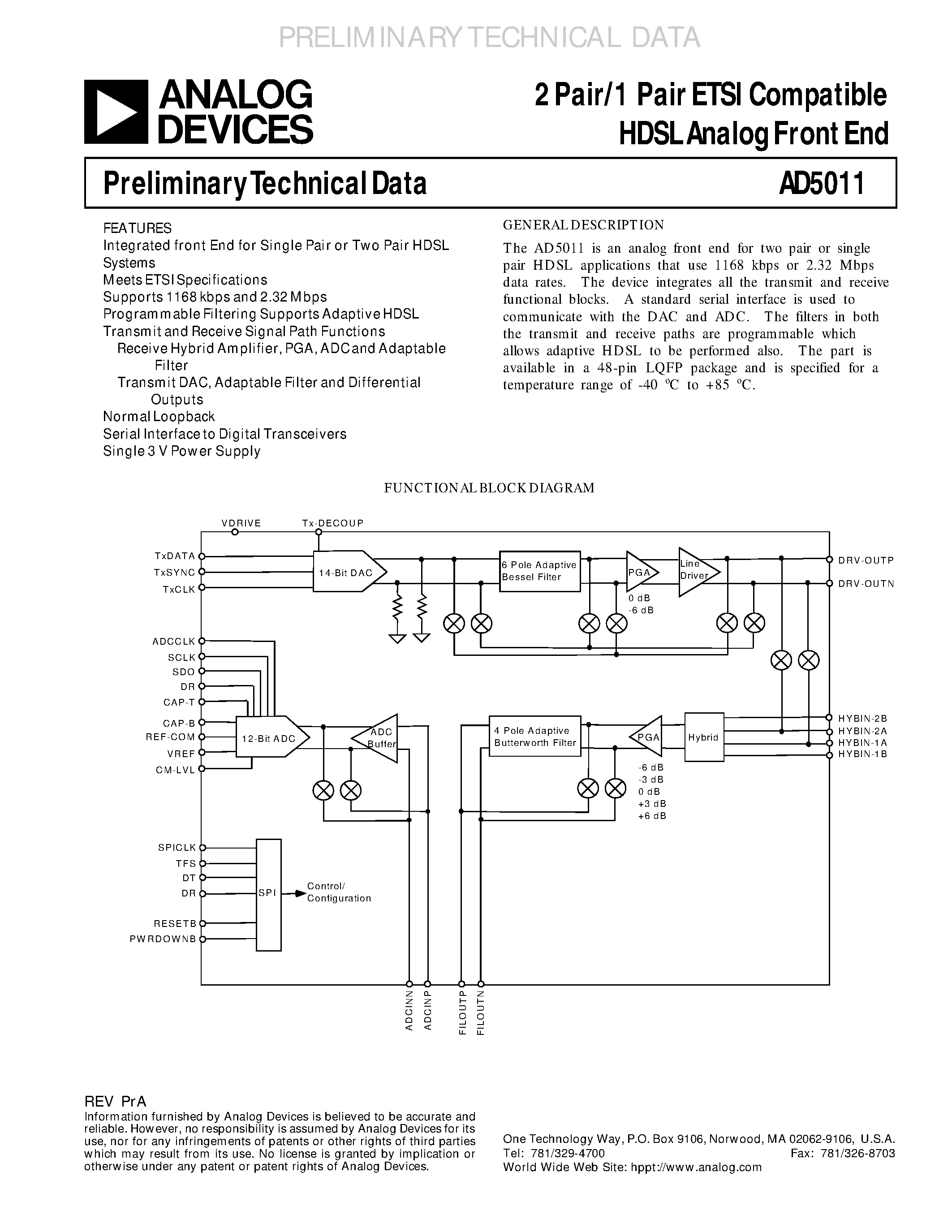 Datasheet AD7346B - 2 Pair/1 Pair ETSI Compatible HDSL Analog Front End page 1