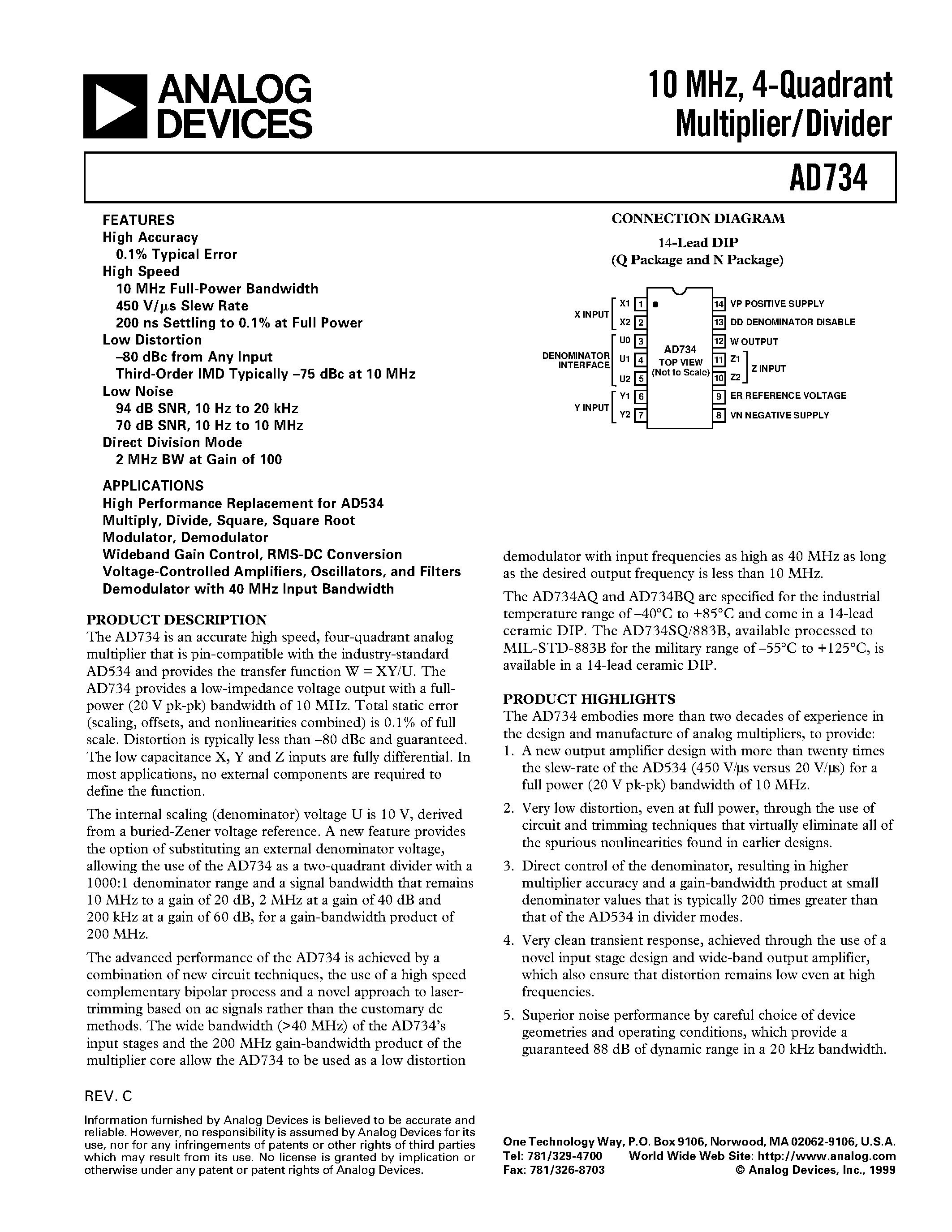 Datasheet AD734BQ page 1 Datasheet AD734BQ - 10 MHz/ 4-Quadrant Multiplier/Divider page 1