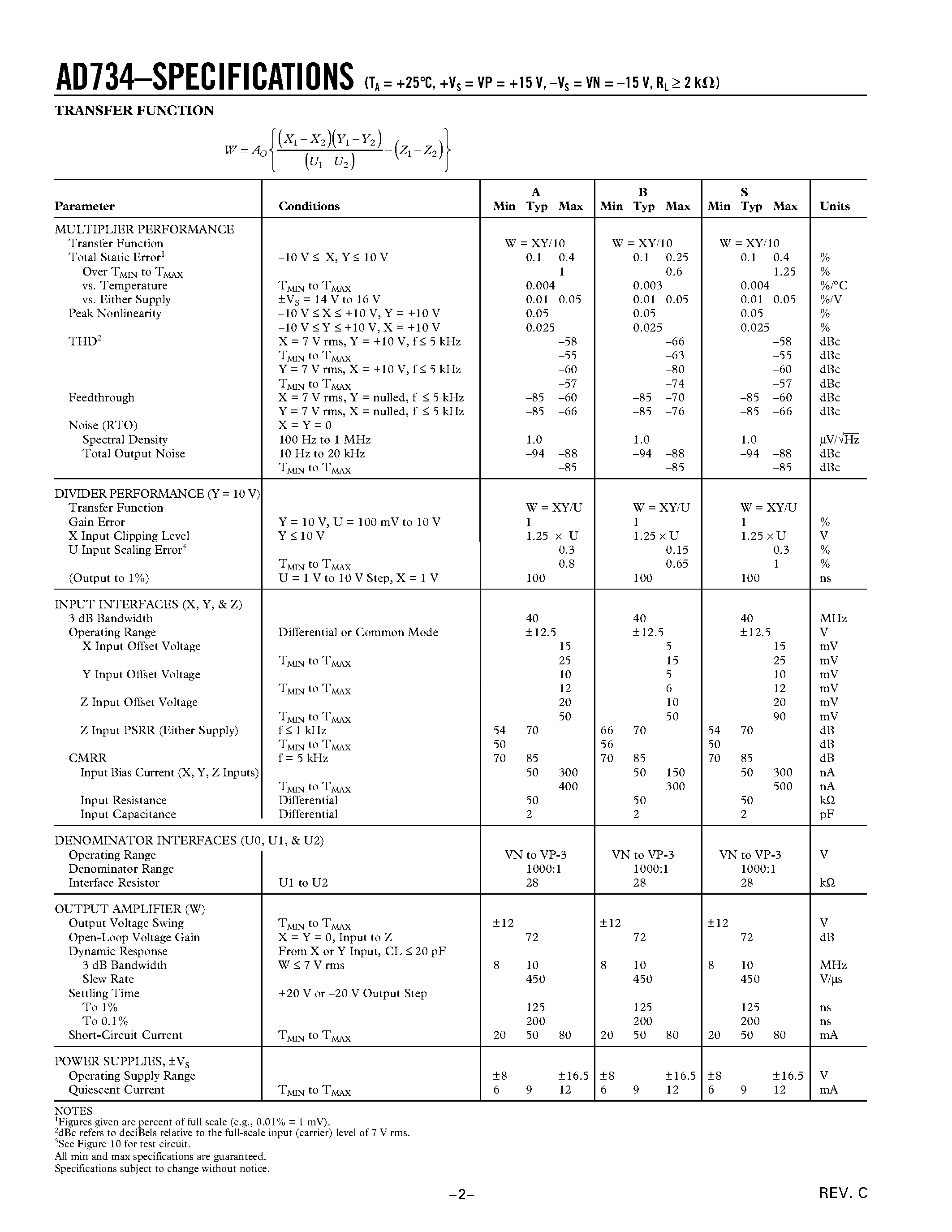 Datasheet AD734SQ/883B - 10 MHz/ 4-Quadrant Multiplier/Divider page 2