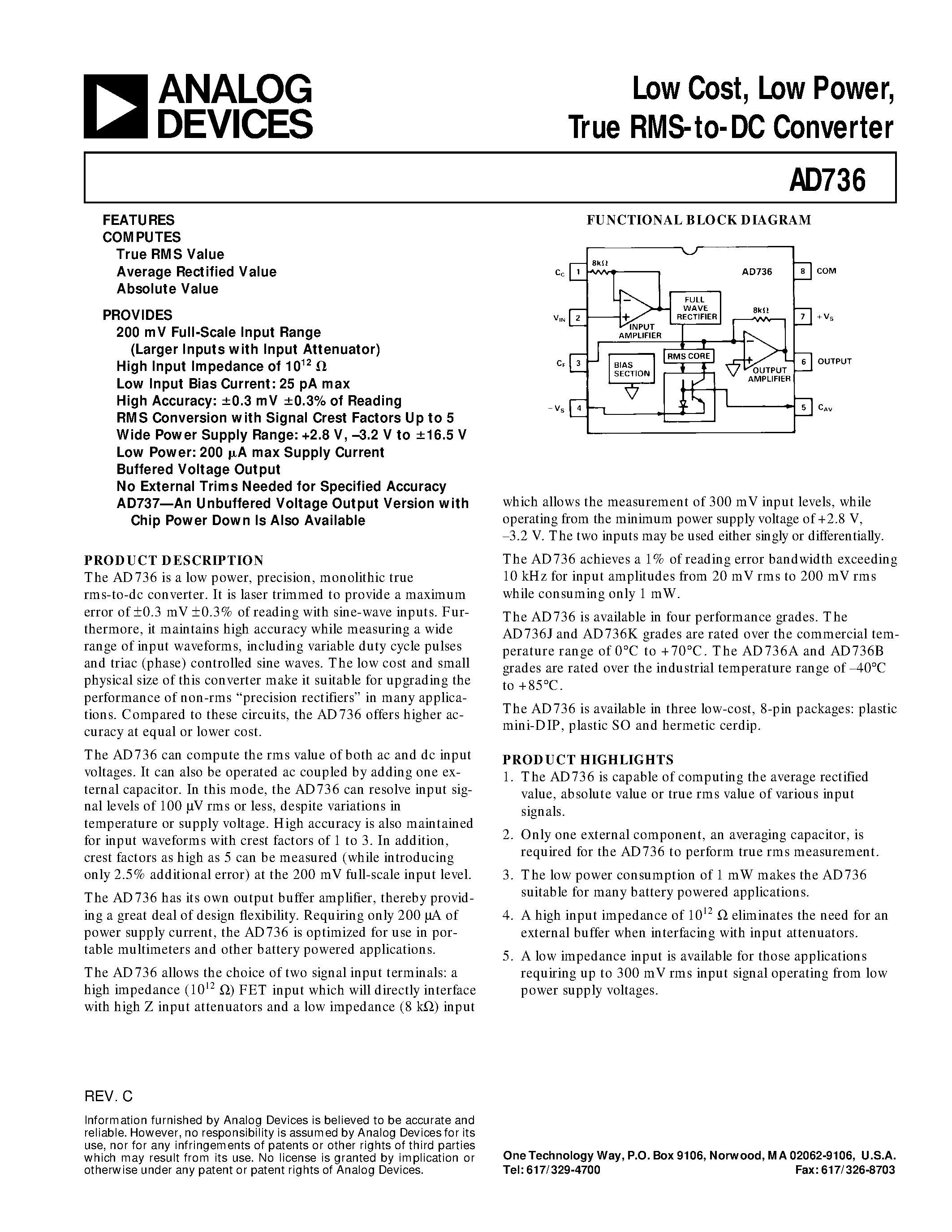 Datasheet AD736 - Low Cost/ Low Power/ True RMS-to-DC Converter page 1