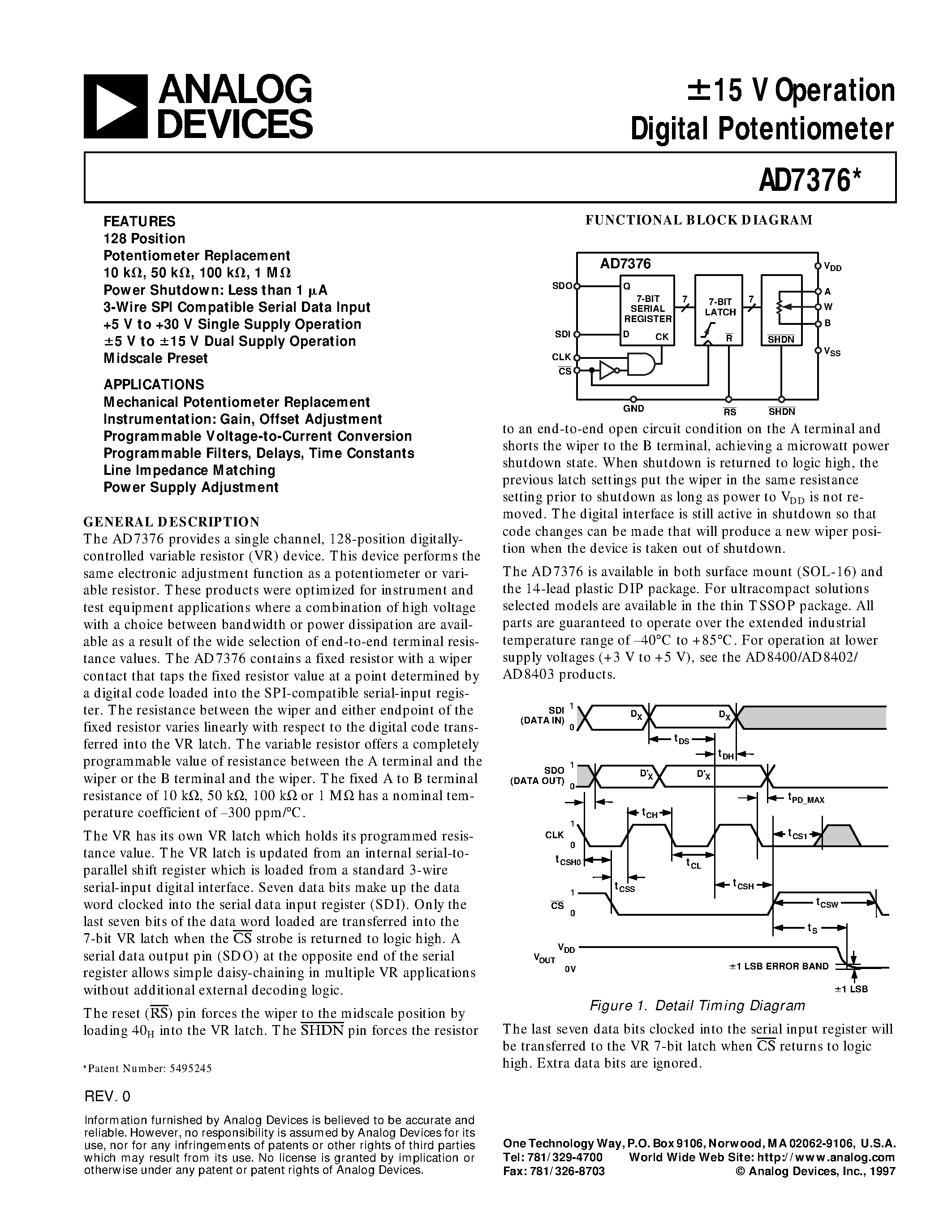 Datasheet AD7376AN10 page 1 Datasheet AD7376AN10 - +-15 V Operation Digital Potentiometer page 1