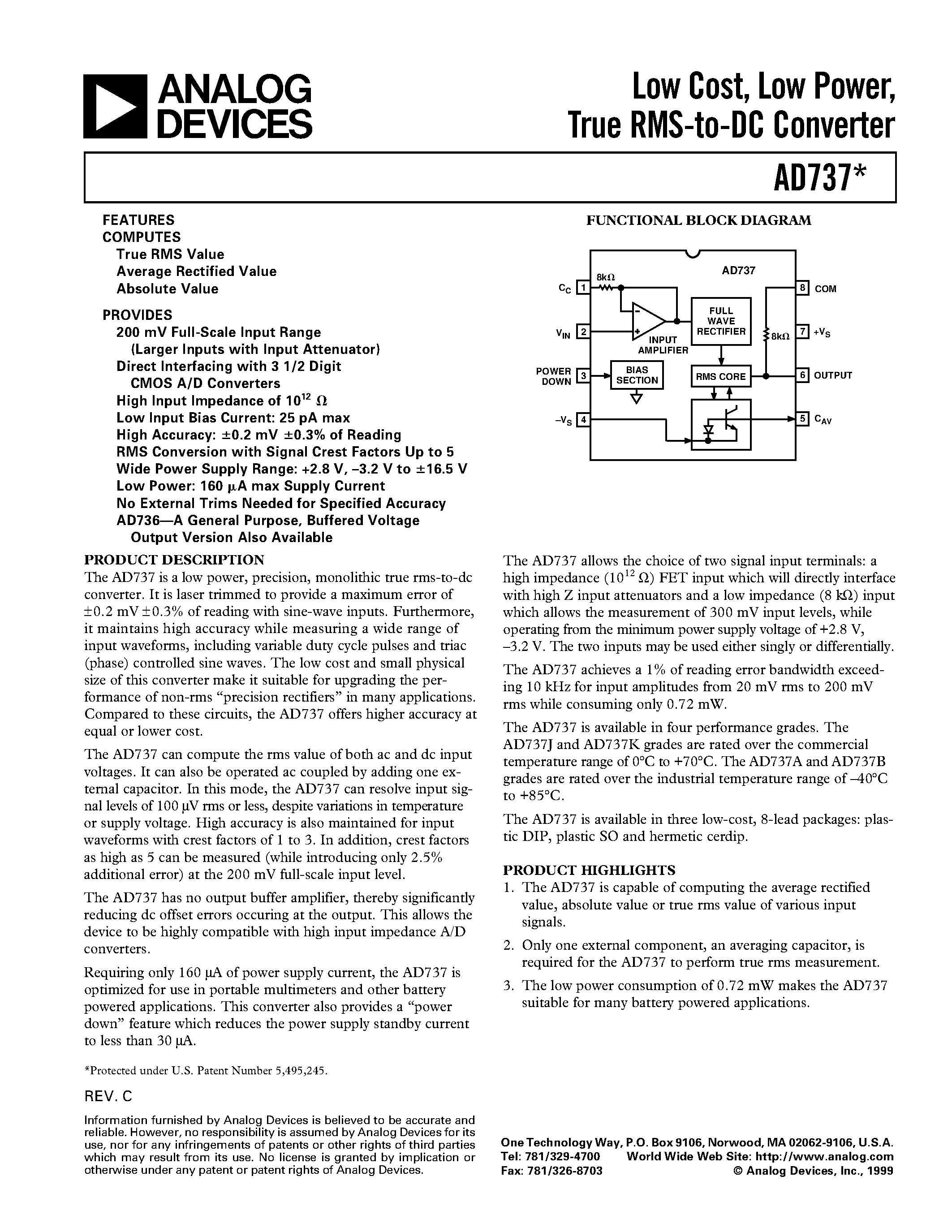 Datasheet AD737KR-REEL7 - Low Cost/ Low Power/ True RMS-to-DC Converter page 1