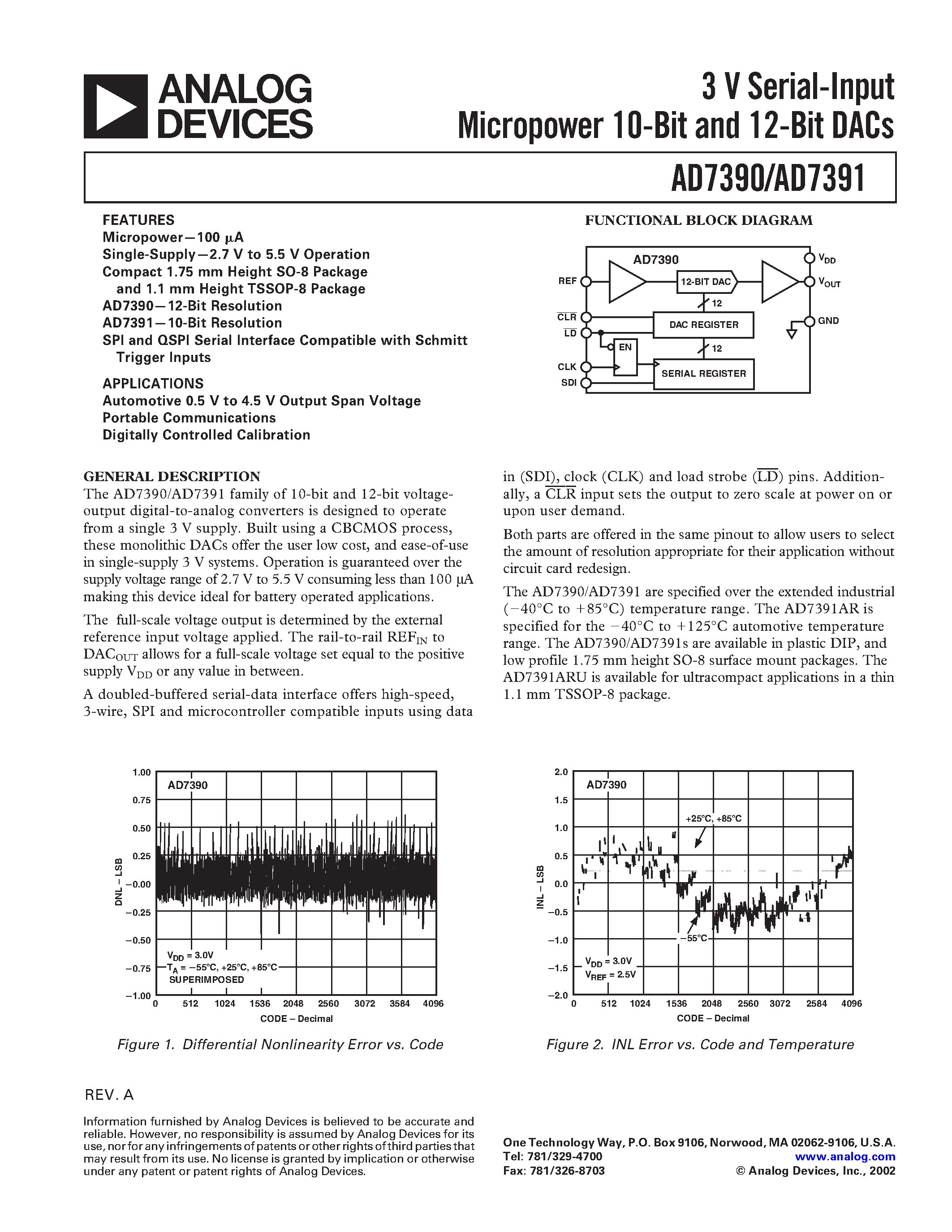 Datasheet AD7390AR-REEL7 - 3 V Serial-Input Micropower 10-Bit and 12-Bit DACs page 1