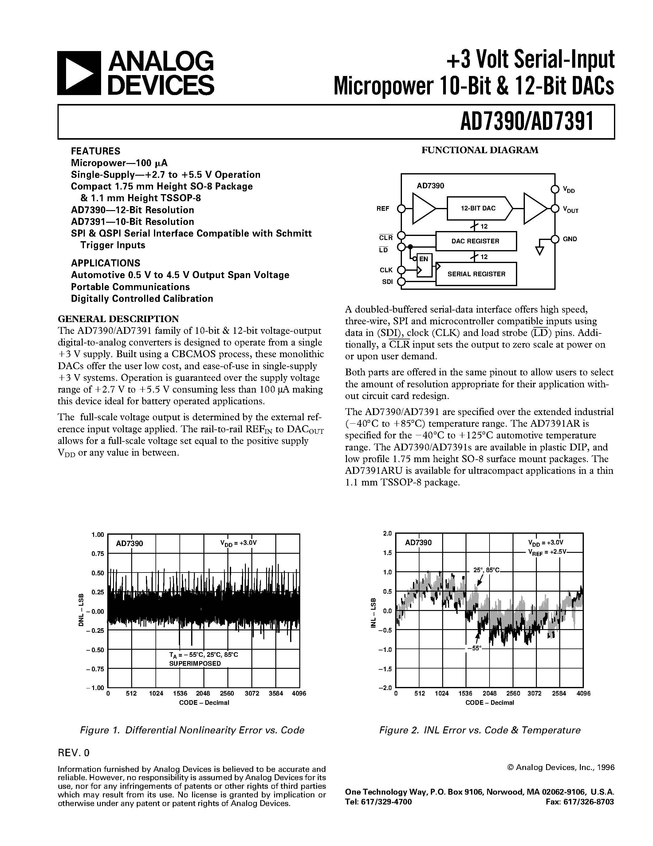 Datasheet AD7391 page 1 Datasheet AD7391 - 3 V Serial-Input Micropower 10-Bit and 12-Bit DACs page 1