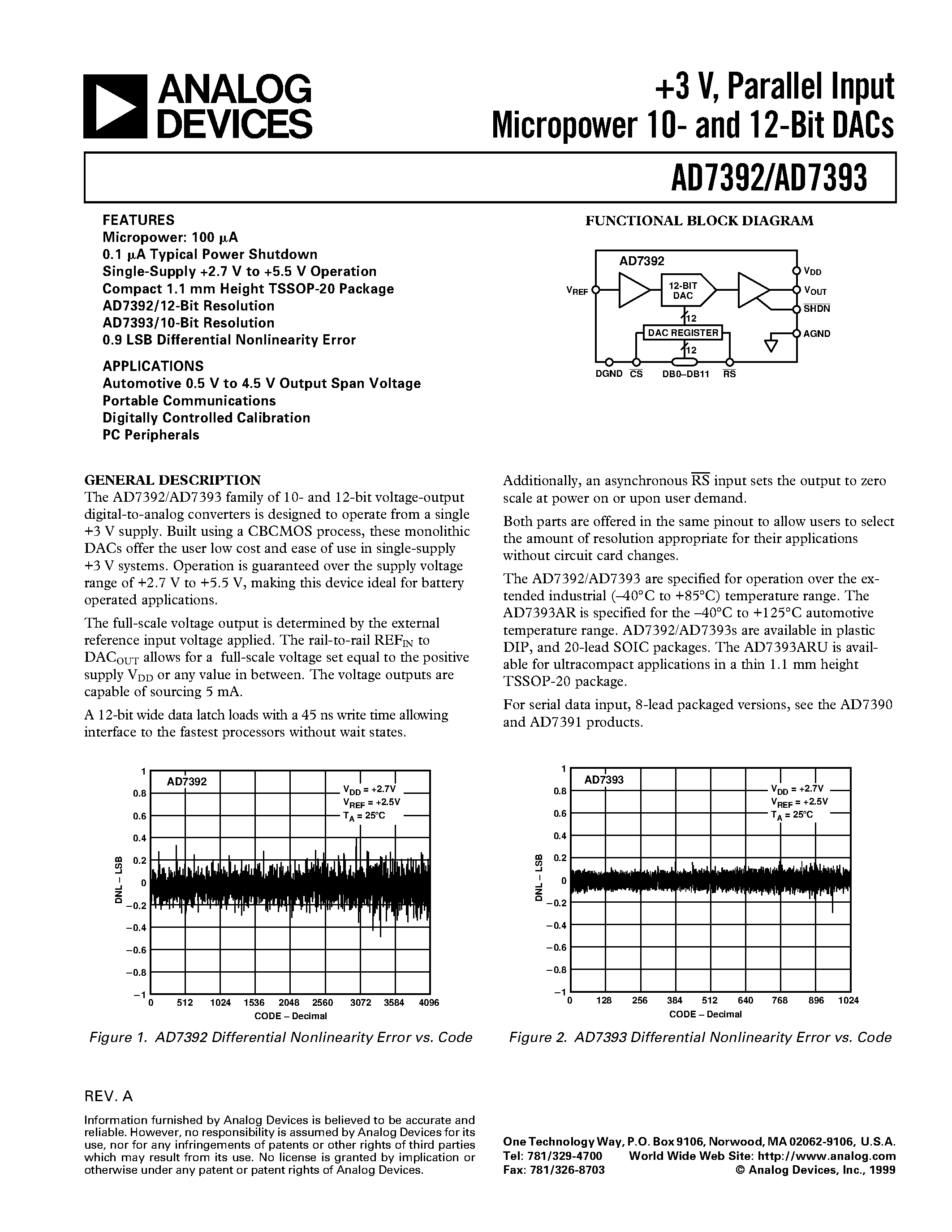 Datasheet AD7392AN - +3 V/ Parallel Input Micropower 10- and 12-Bit DACs page 1