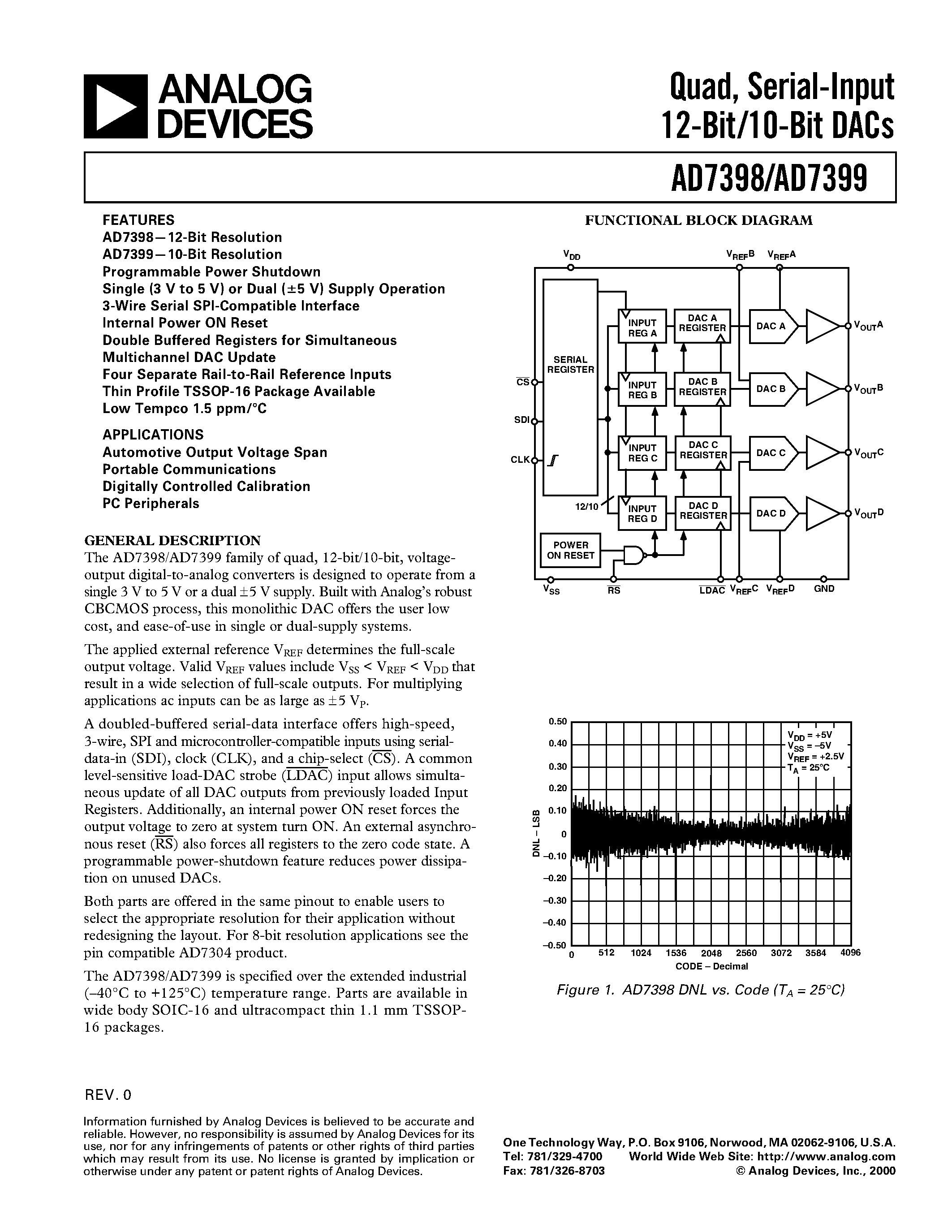 Datasheet AD7398BR-REEL7 - Quad/ Serial-Input 12-Bit/10-Bit DACs page 1
