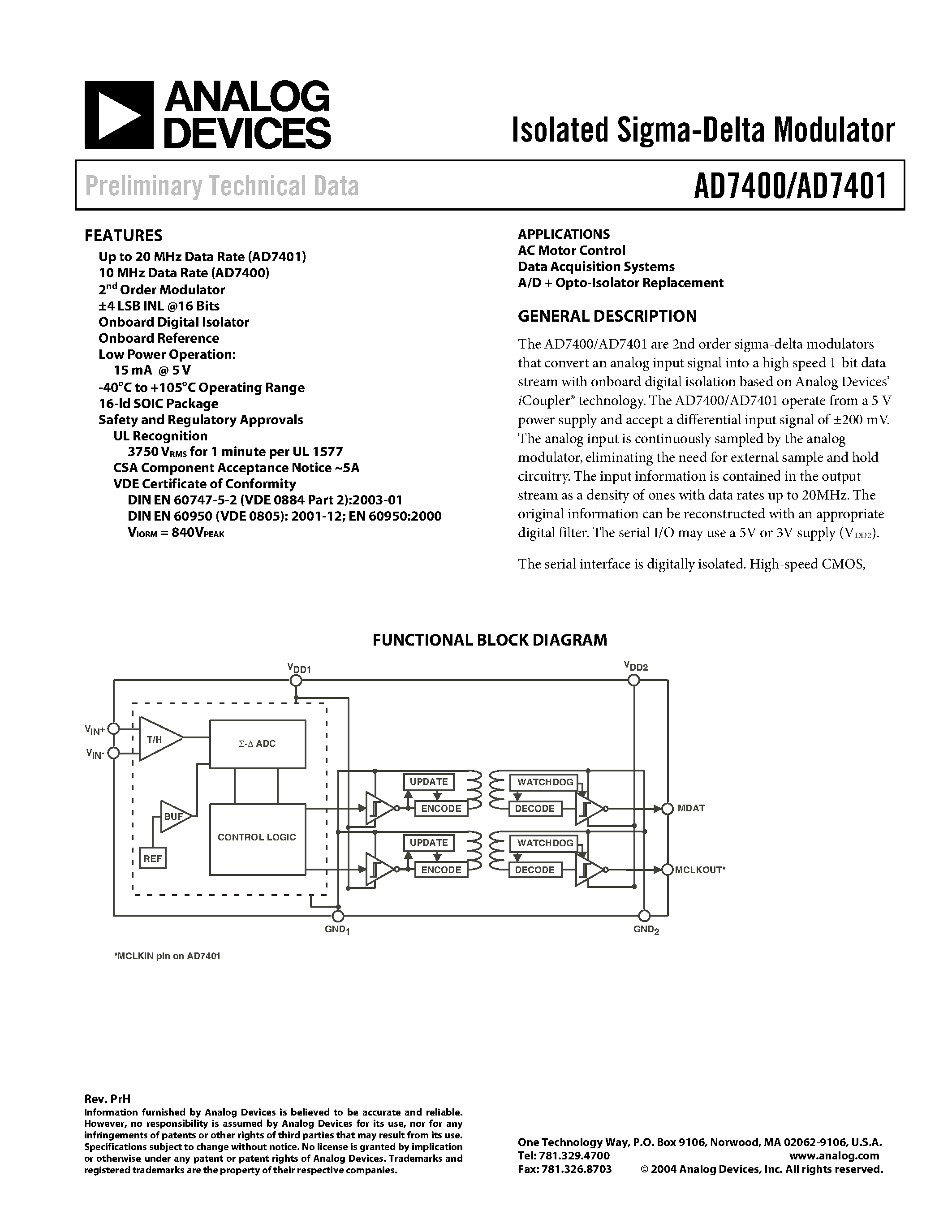 Datasheet AD7400BRW - Isolated Sigma-Delta Modulator page 1