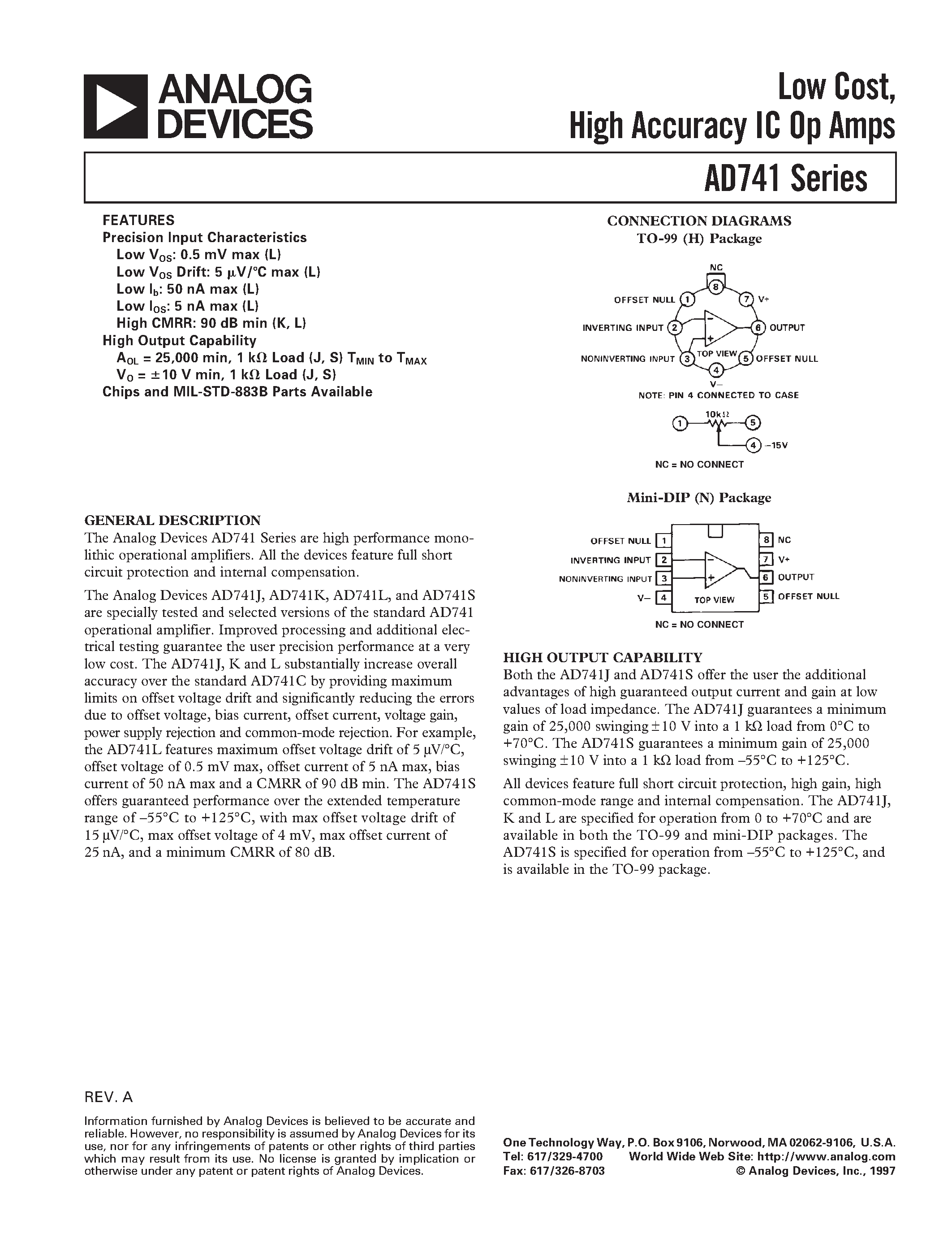 Datasheet AD741JH - Low Cost/ High Accuracy IC Op Amps page 1