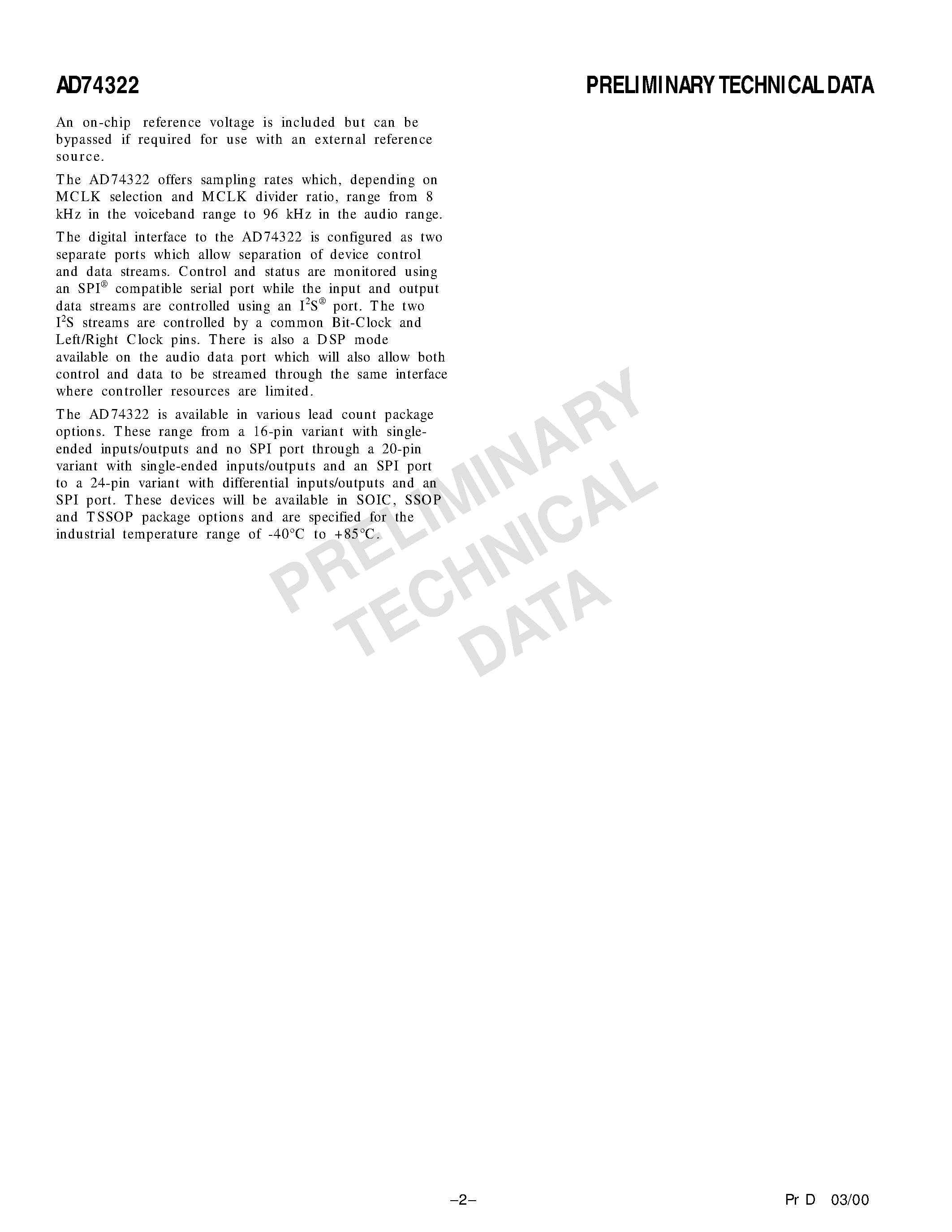 Datasheet AD74322AAR - Low Cost/ Low Power Stereo Audio Analog Front End page 2