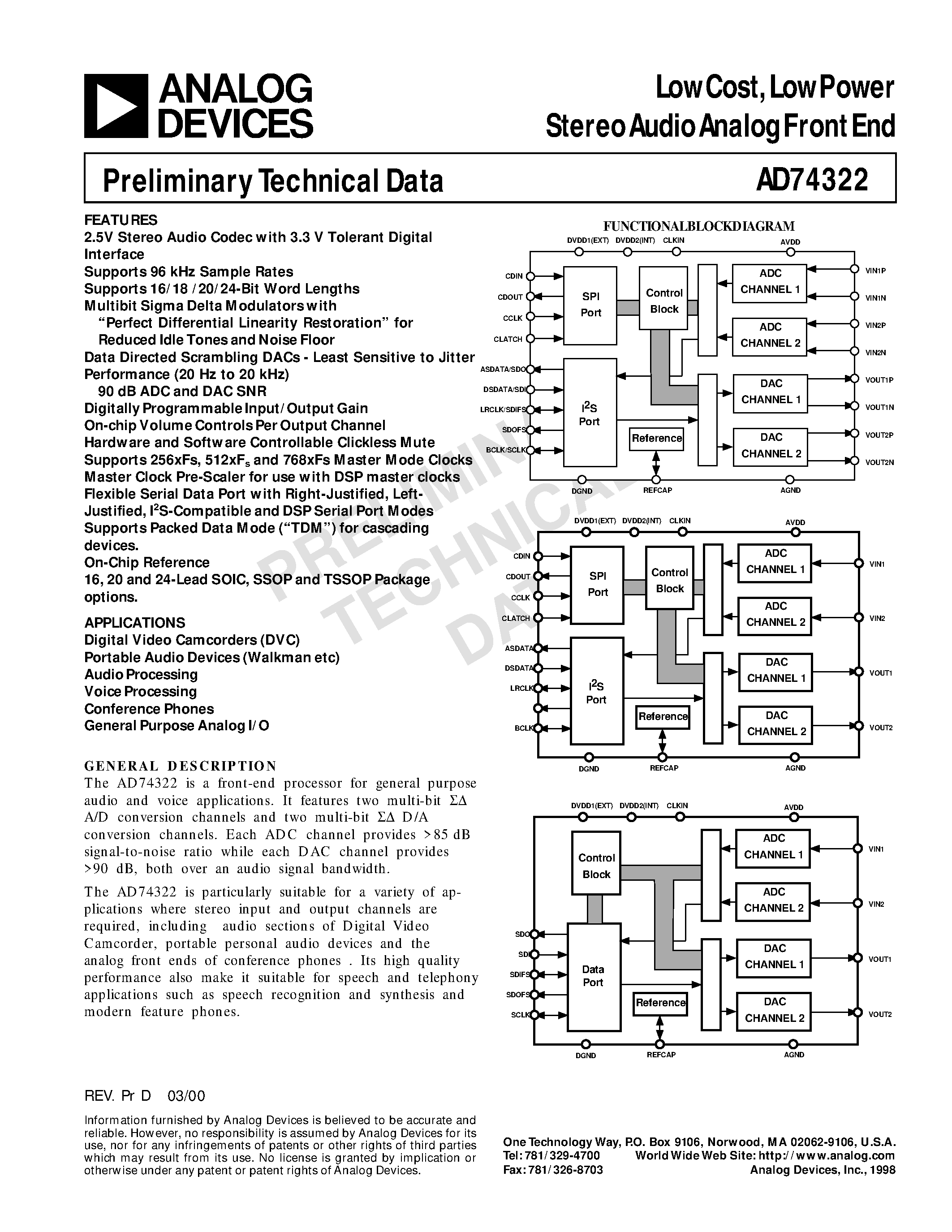 Datasheet AD74322AARU - Low Cost/ Low Power Stereo Audio Analog Front End page 1