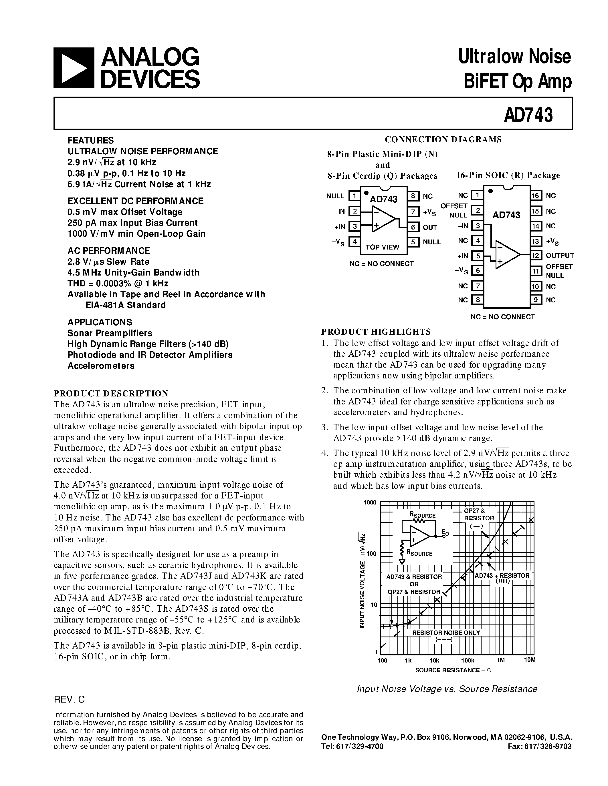 Datasheet AD743JR-16-REEL - Ultralow Noise BiFET Op Amp page 1