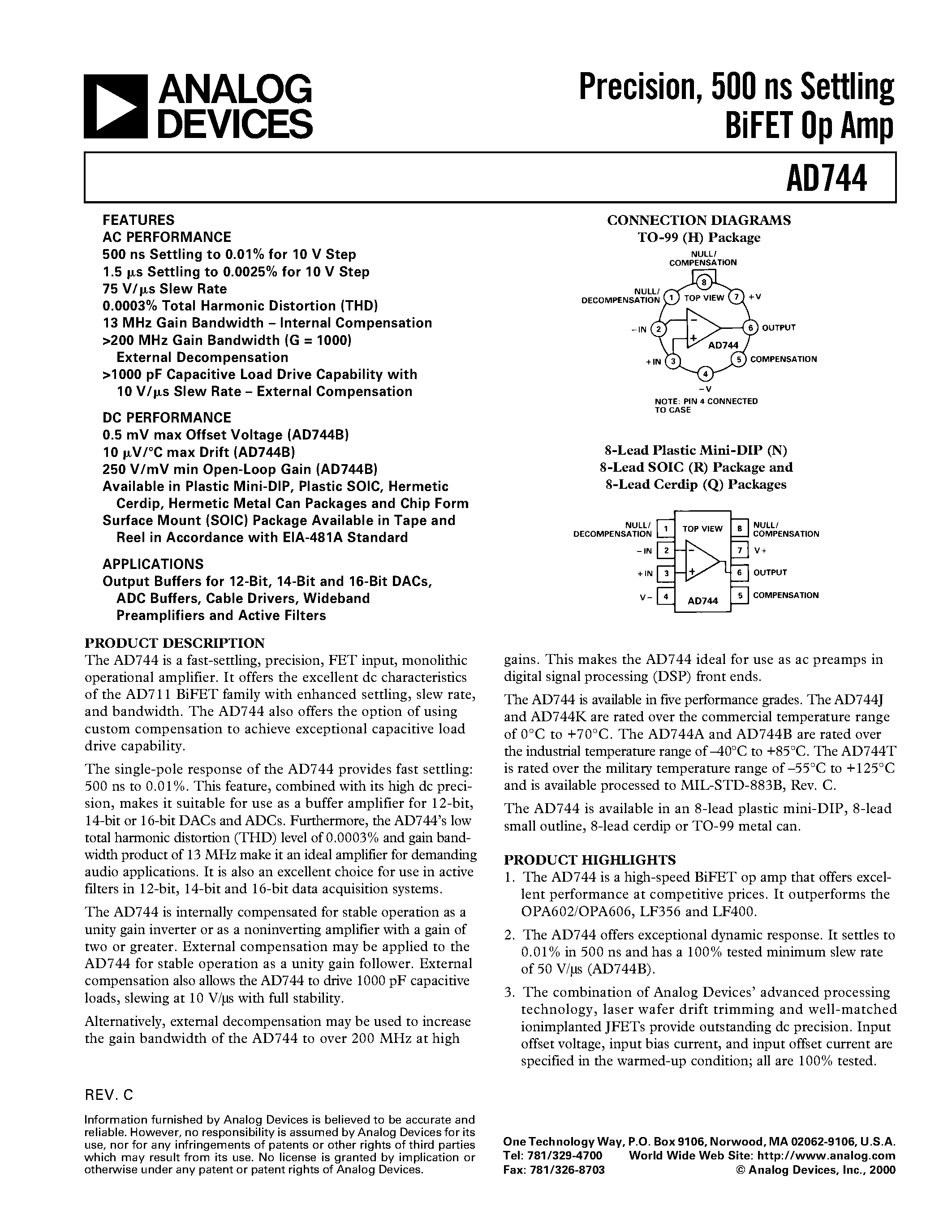 Datasheet AD744JR-REEL7 - Precision/ 500 ns Settling BiFET Op Amp page 1