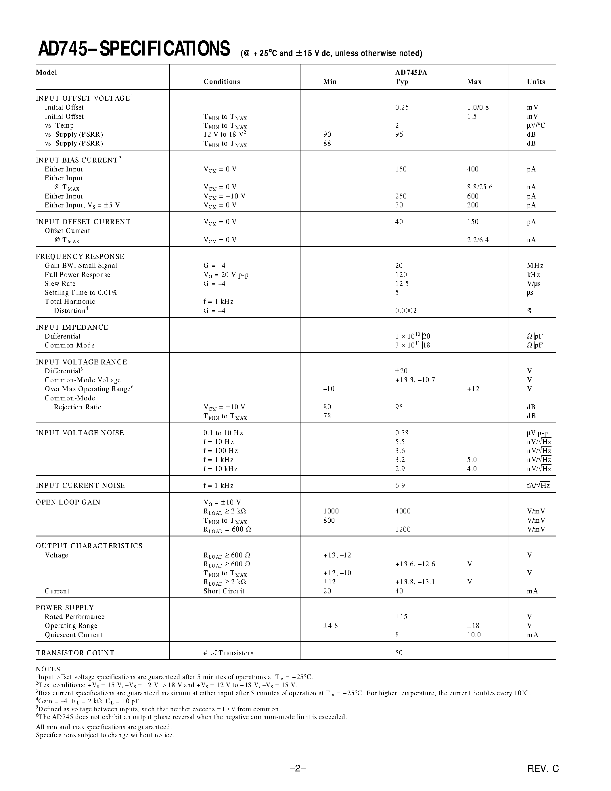 Datasheet AD745 - Ultralow Noise/ High Speed/ BiFET Op Amp page 2