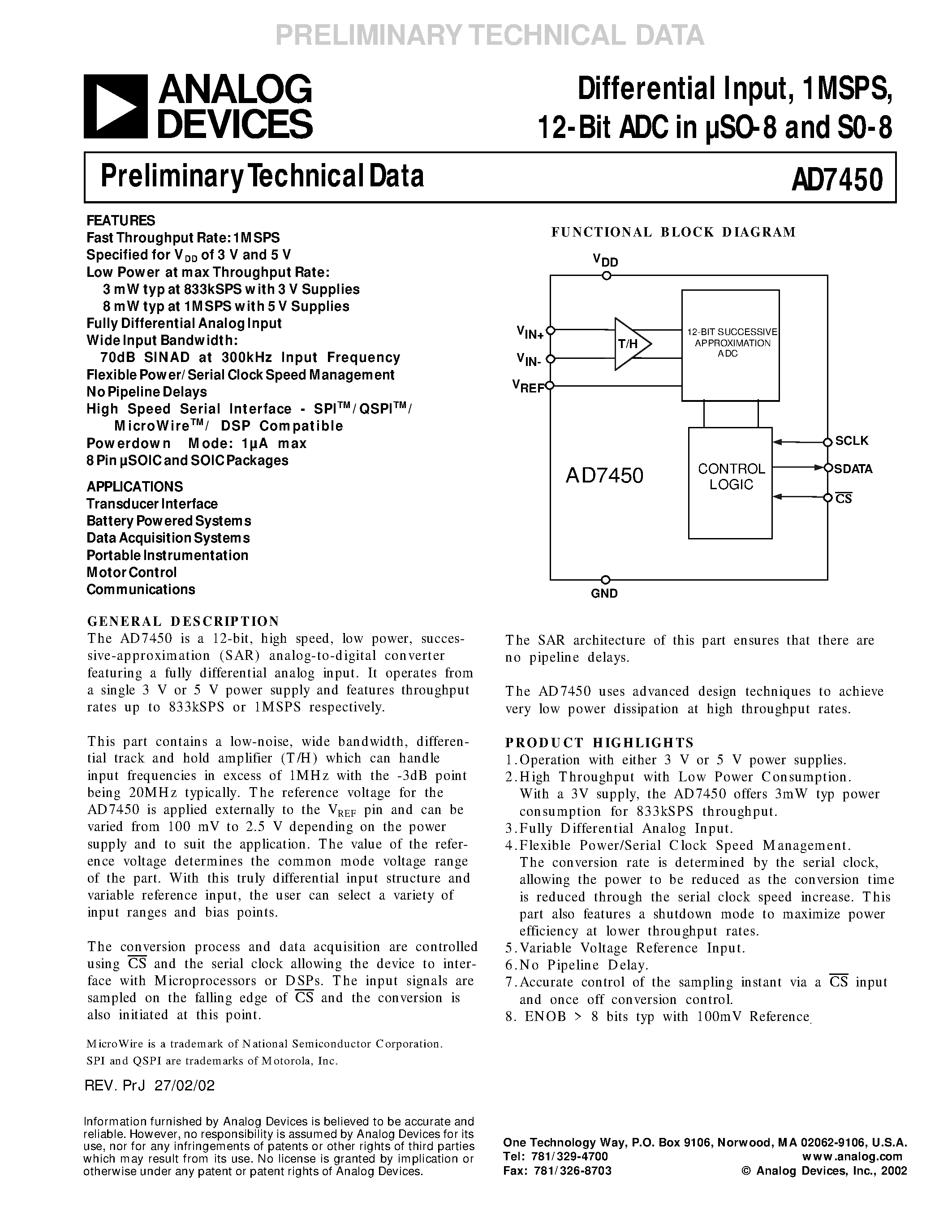 Datasheet AD7450ARM page 1 Datasheet AD7450ARM - Differential Input/ 1MSPS/ 12-Bit ADC in SO-8 and S0-8 page 1