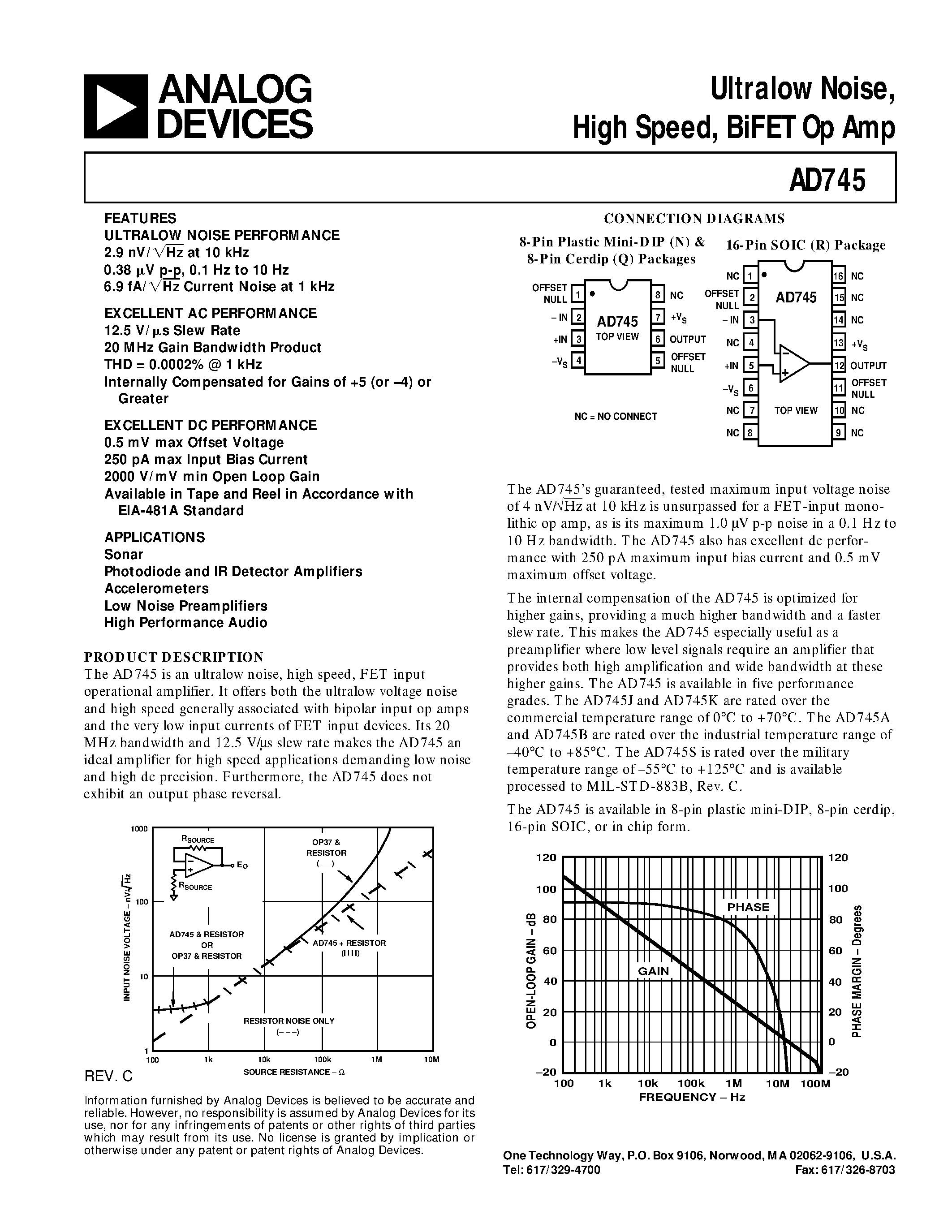 Datasheet AD745JR-16 - Ultralow Noise/ High Speed/ BiFET Op Amp page 1